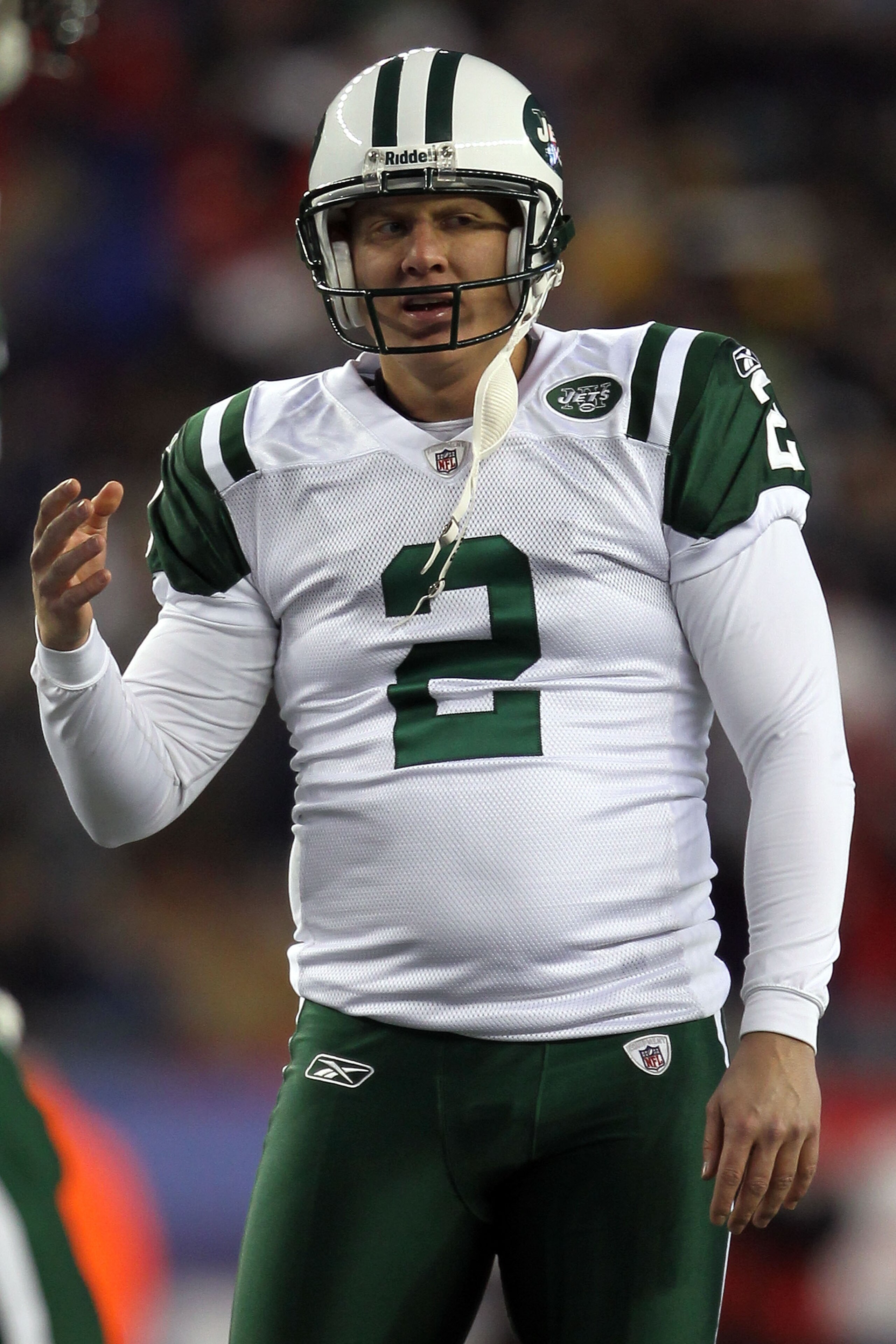 FOXBORO, MA - JANUARY 16: Nick Folk #2 of the New York Jets reacts after missing a first quarter field goal against the New England Patriots during their 2011 AFC divisional playoff game at Gillette Stadium on January 16, 2011 in Foxboro, Massachusetts. FOXBORO, MA - JANUARY 16: Nick Folk #2 of the New York Jets reacts after missing a first quarter field goal against the New England Patriots during their 2011 AFC divisional playoff game at Gillette Stadium on January 16, 2011 in Foxboro, Massachusetts.