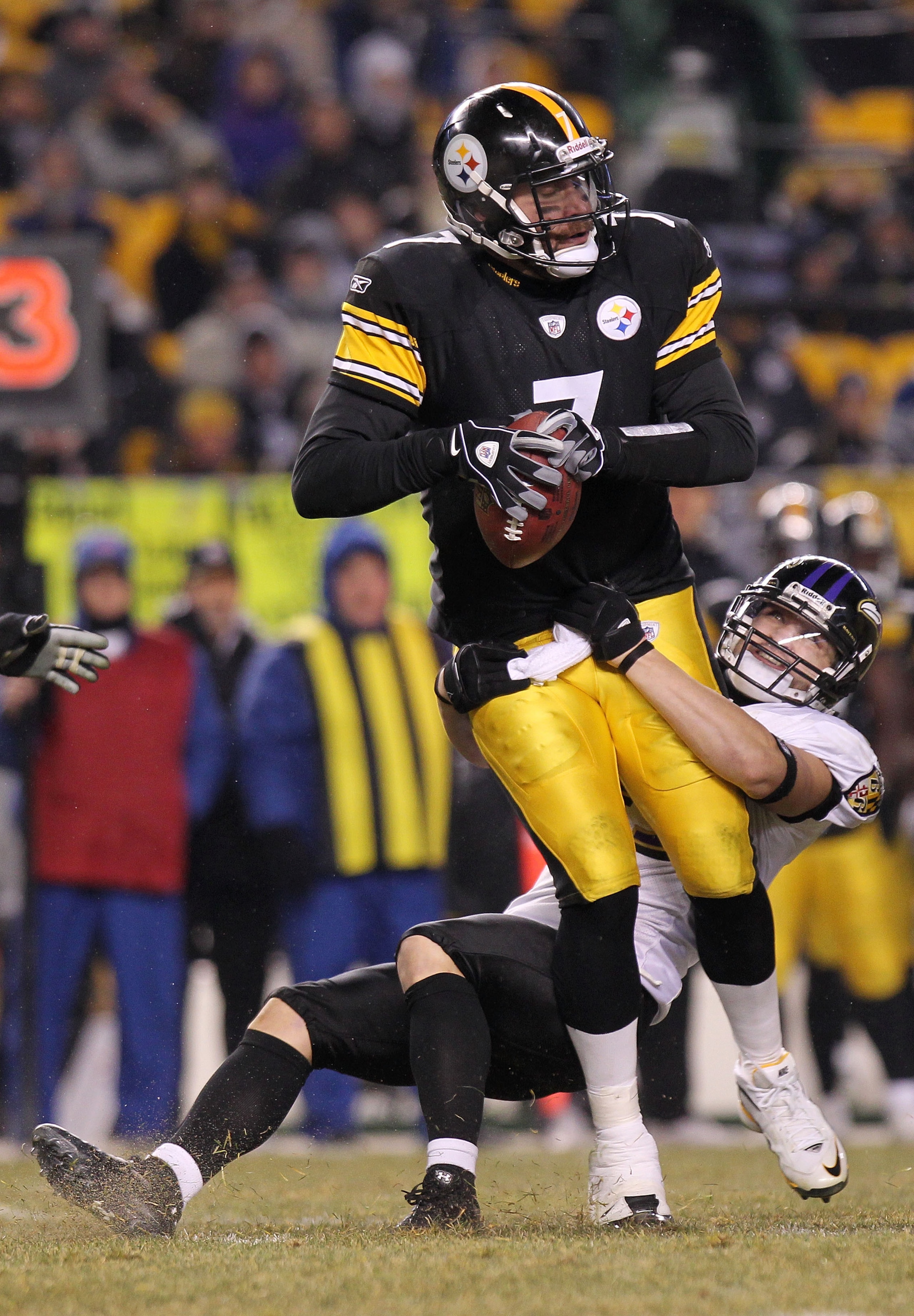 PITTSBURGH, PA - JANUARY 15: Quarterback Ben Roethlisberger #7 of the Pittsburgh Steelers is sacked by safety Haruki Nakamura #43 of the Baltimore Ravens in the AFC Divisional Playoff Game at Heinz Field on January 15, 2011 in Pittsburgh, Pennsylvania. PITTSBURGH, PA - JANUARY 15: Quarterback Ben Roethlisberger #7 of the Pittsburgh Steelers is sacked by safety Haruki Nakamura #43 of the Baltimore Ravens in the AFC Divisional Playoff Game at Heinz Field on January 15, 2011 in Pittsburgh, Pennsylvania.