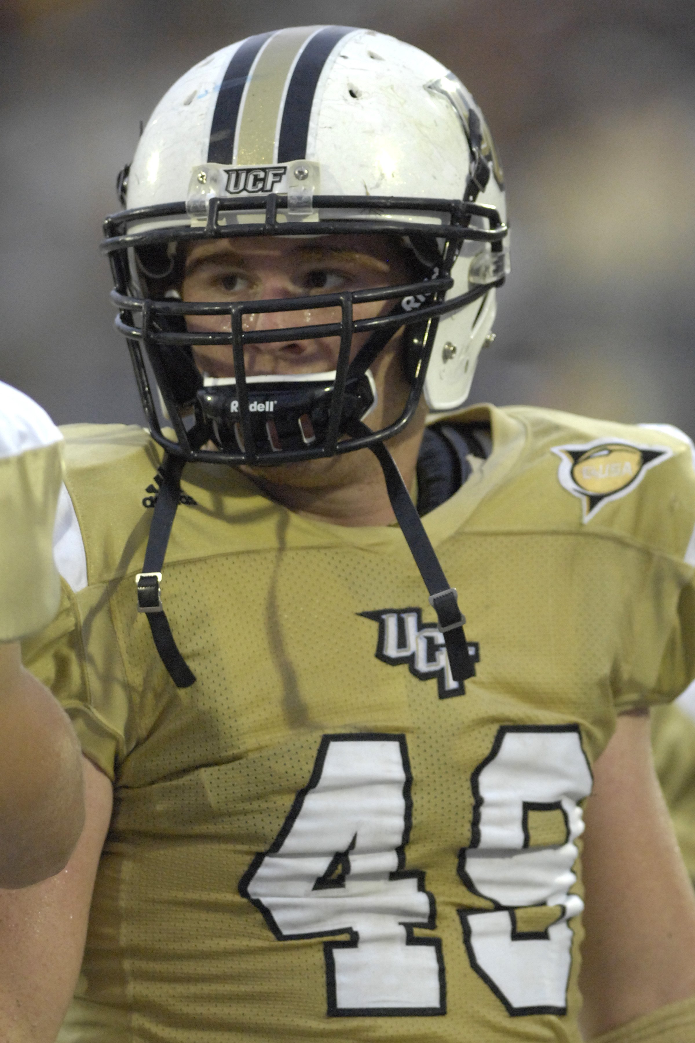 ORLANDO, FL - OCTOBER 20: Defensive end Bruce Miller #49 of the University of Central Florida Golden Knights sets for play against the Tulsa Golden Hurricane at Bright House Stadium on October 20, 2007 in Orlando, Florida.  UCF won 44 - 23. (Photo by Al M