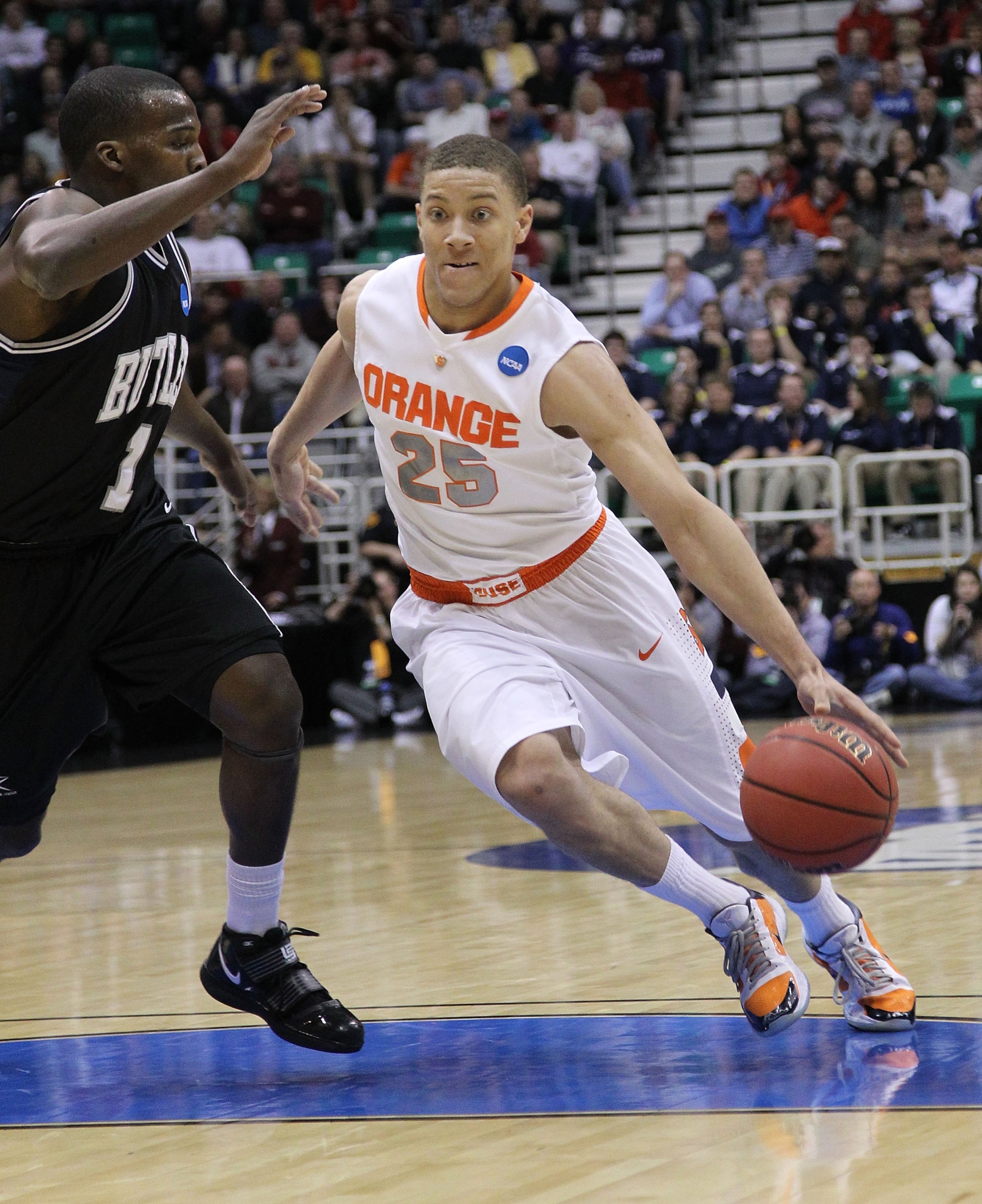 SALT LAKE CITY - MARCH 25:  Brandon Triche #25 of the Syracuse Orange in action against the Butler Bulldogs during the west regional semifinal of the 2010 NCAA men's basketball tournament at the Energy Solutions Arena on March 25, 2010 in Salt Lake City,