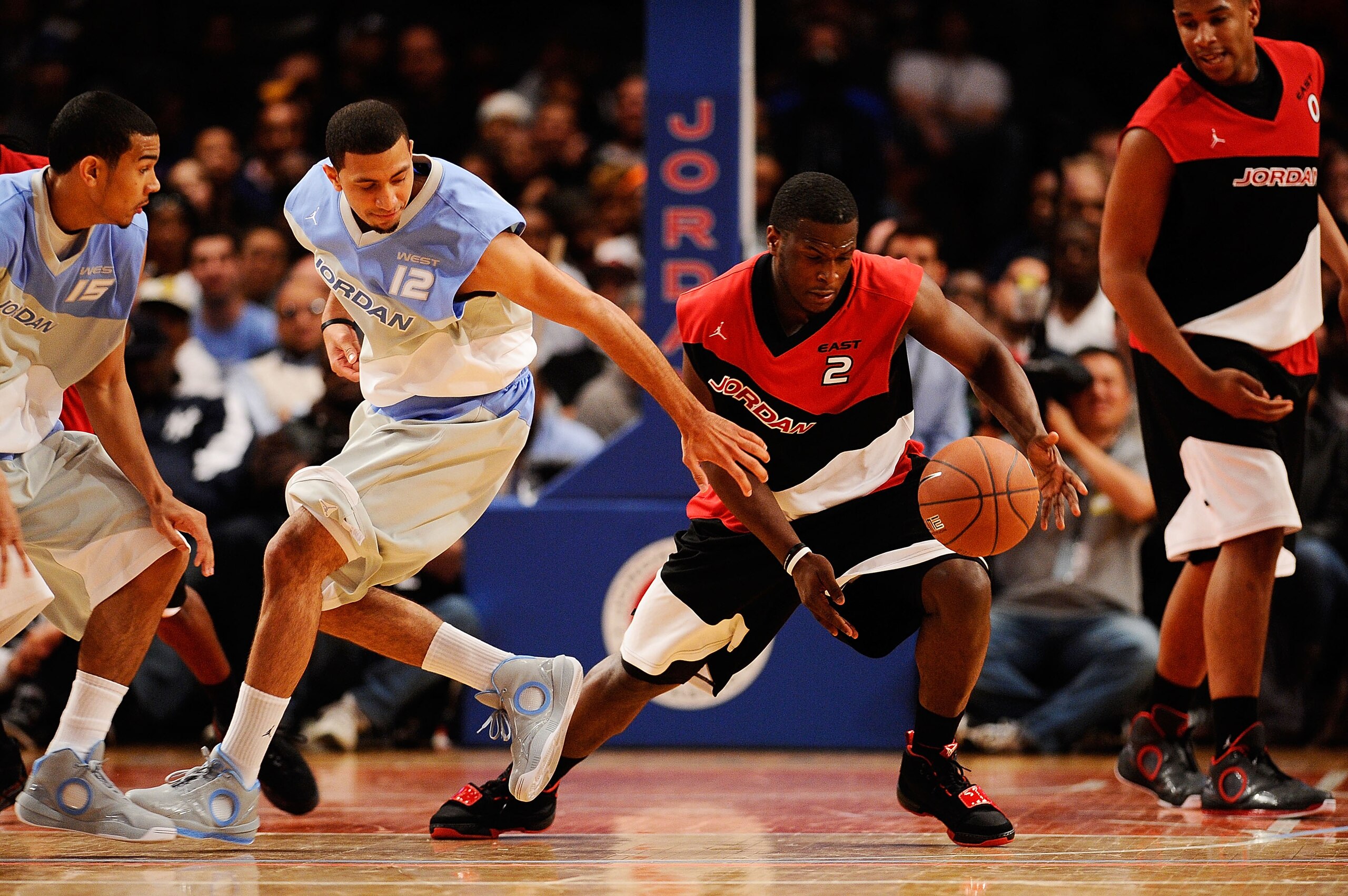 NEW YORK - APRIL 17:  Tobias Harris #12 of West Team and Dion Waiters #2 of East Team fight for a loose ball during the National Game at the 2010 Jordan Brand classic at Madison Square Garden on April 17, 2010 in New York City.  (Photo by Jeff Zelevansky/