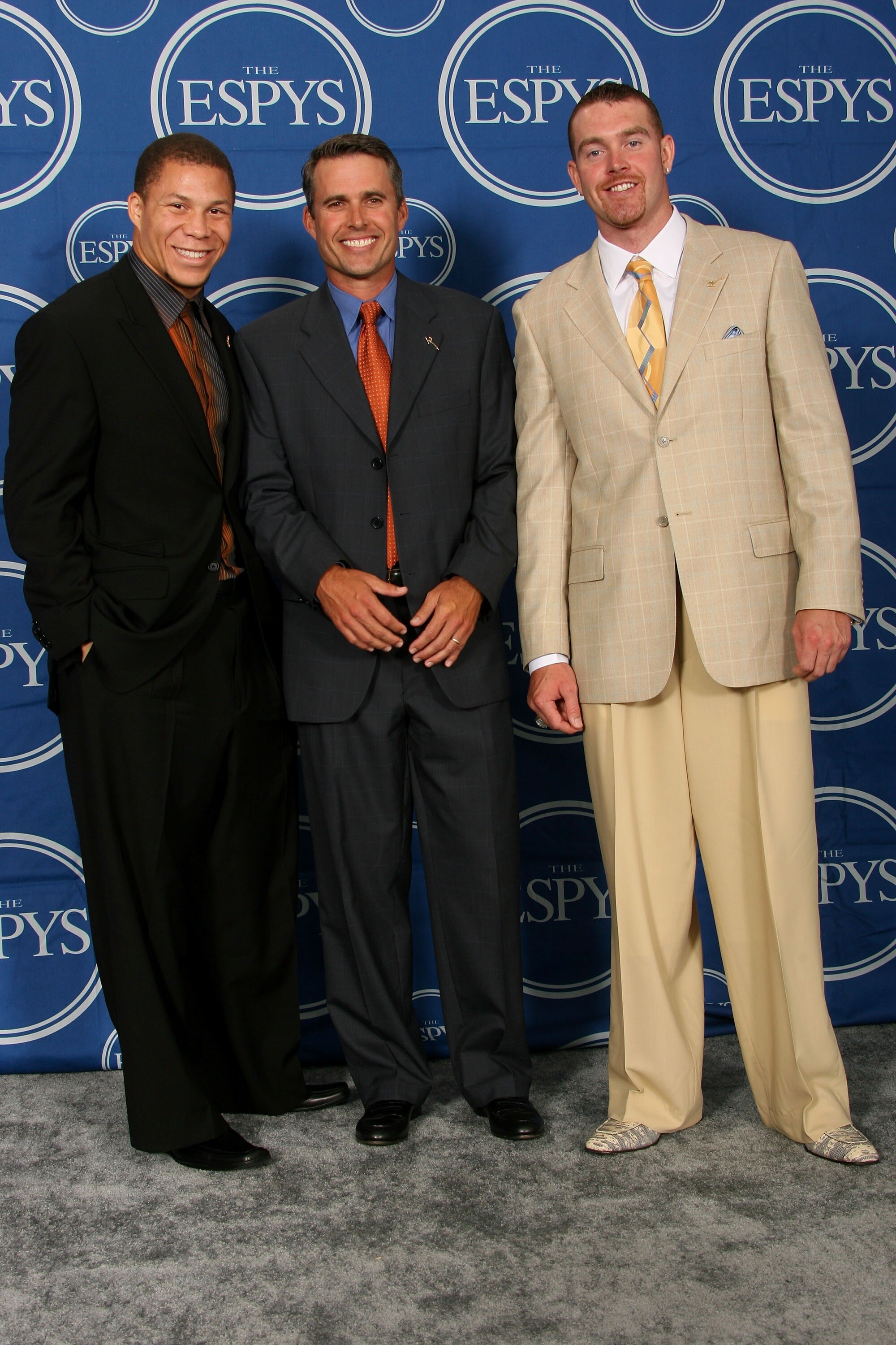 HOLLYWOOD - JULY 11:  (L-R) Boise State football player Ian Johnson, head coach Chris Peterson and Jared Zabransky hold the award for 'Best Play' in the press room during the 2007 ESPY Awards at the Kodak Theatre on July 11, 2007 in Hollywood, California.