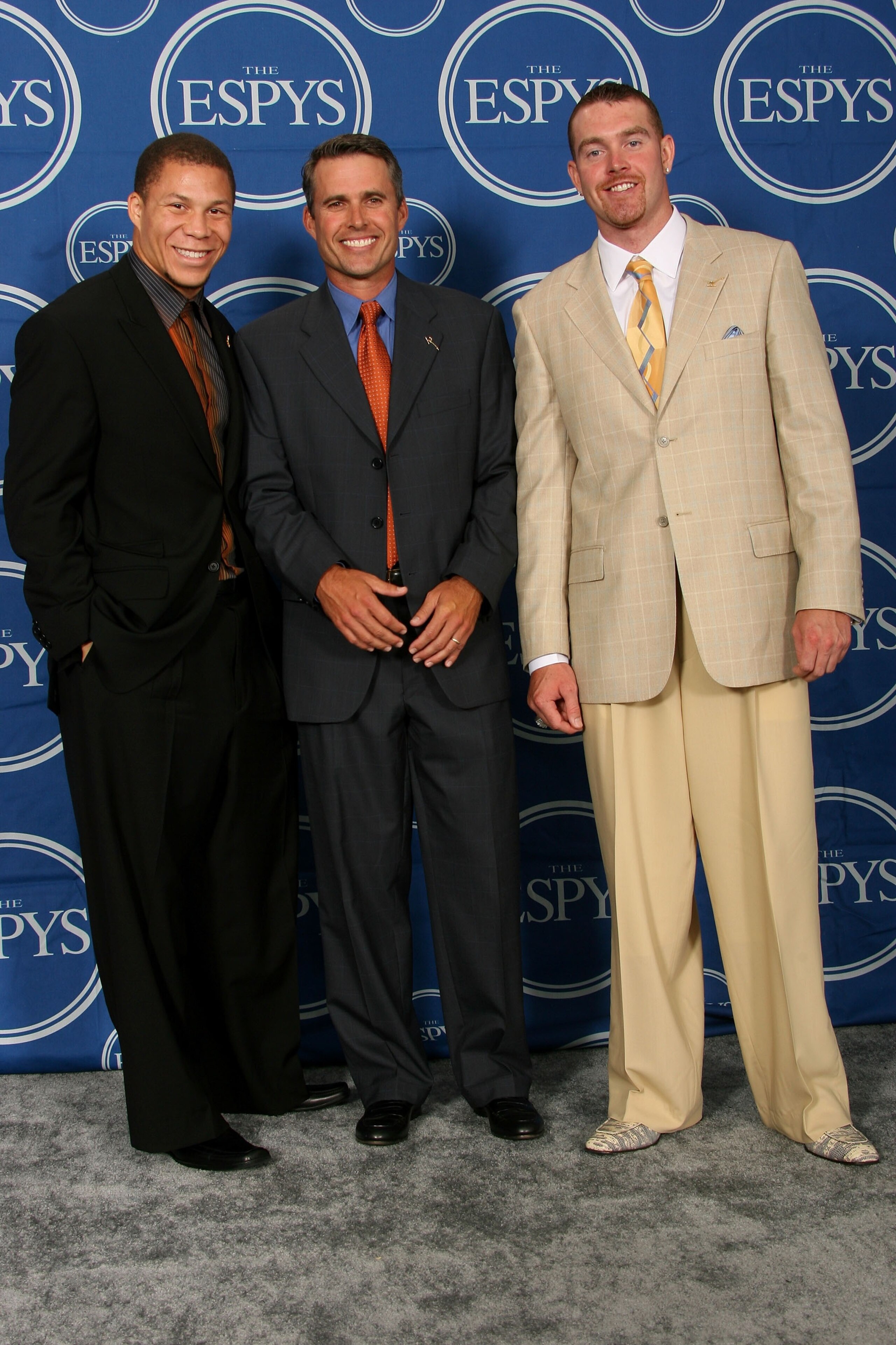 HOLLYWOOD - JULY 11:  (L-R) Boise State football player Ian Johnson, head coach Chris Peterson and Jared Zabransky hold the award for 'Best Play' in the press room during the 2007 ESPY Awards at the Kodak Theatre on July 11, 2007 in Hollywood, California.