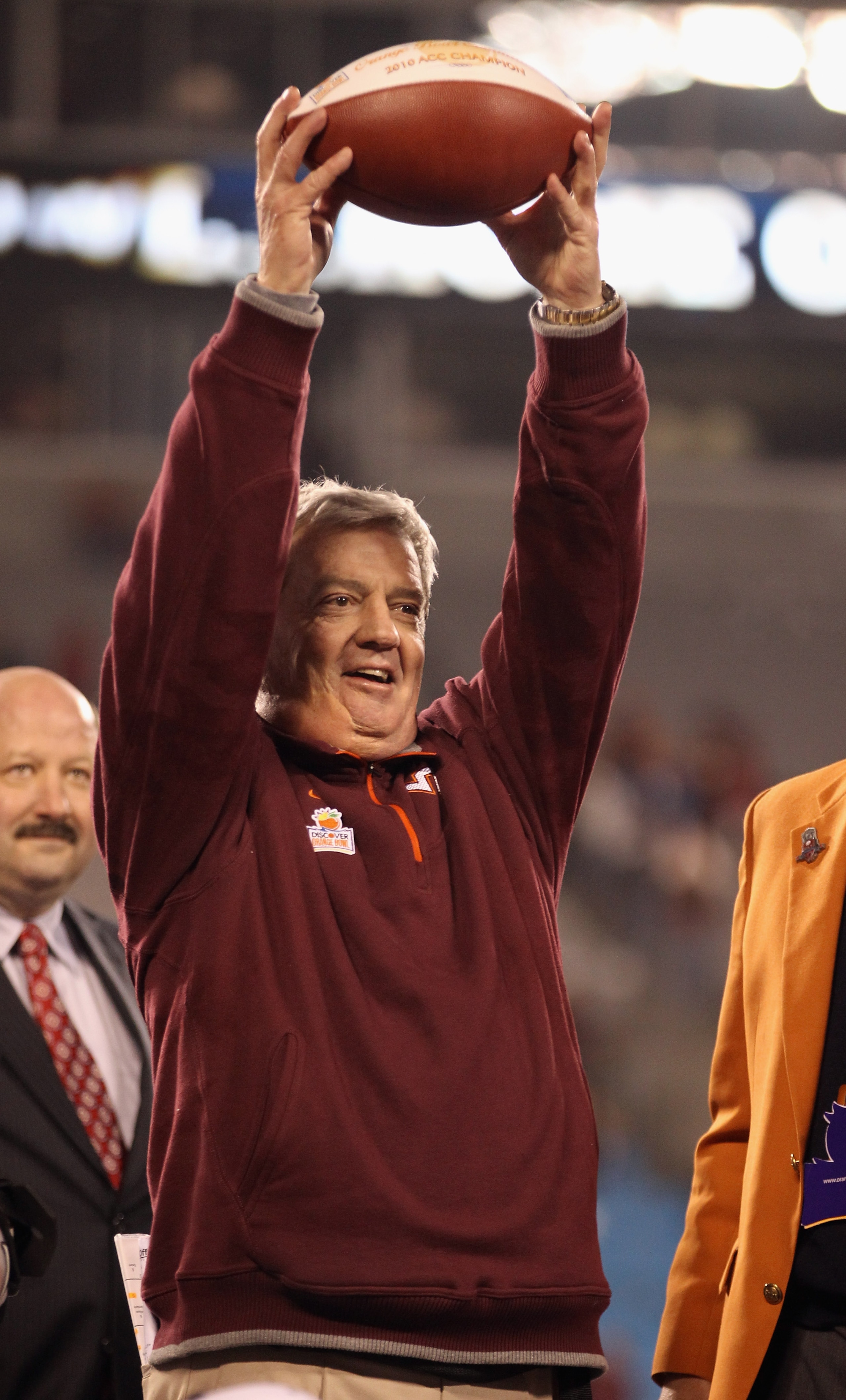 CHARLOTTE, NC - DECEMBER 04:  Head coach Frank Beamer of the Virginia Tech Hokies celebrates winning the ACC Championship 44-33 at Bank of America Stadium on December 4, 2010 in Charlotte, North Carolina.  (Photo by Streeter Lecka/Getty Images)