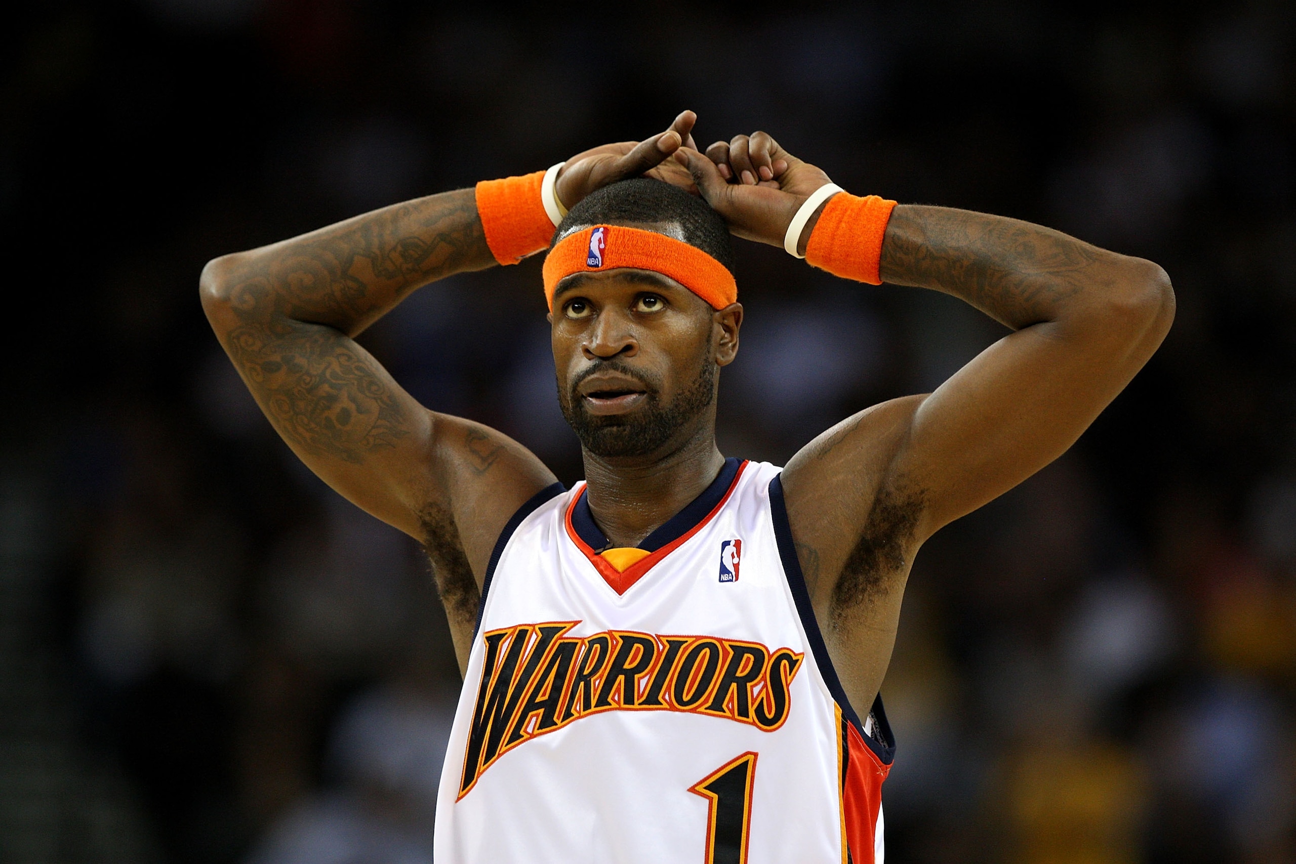 OAKLAND, CA - NOVEMBER 13: Stephen Jackson #1 of the Golden State Warriors looks on against the Detroit Pistons during an NBA game on November 13, 2008 at Oracle Arena in Oakland, California. NOTE TO USER: User expressly acknowledges and agrees that, by d