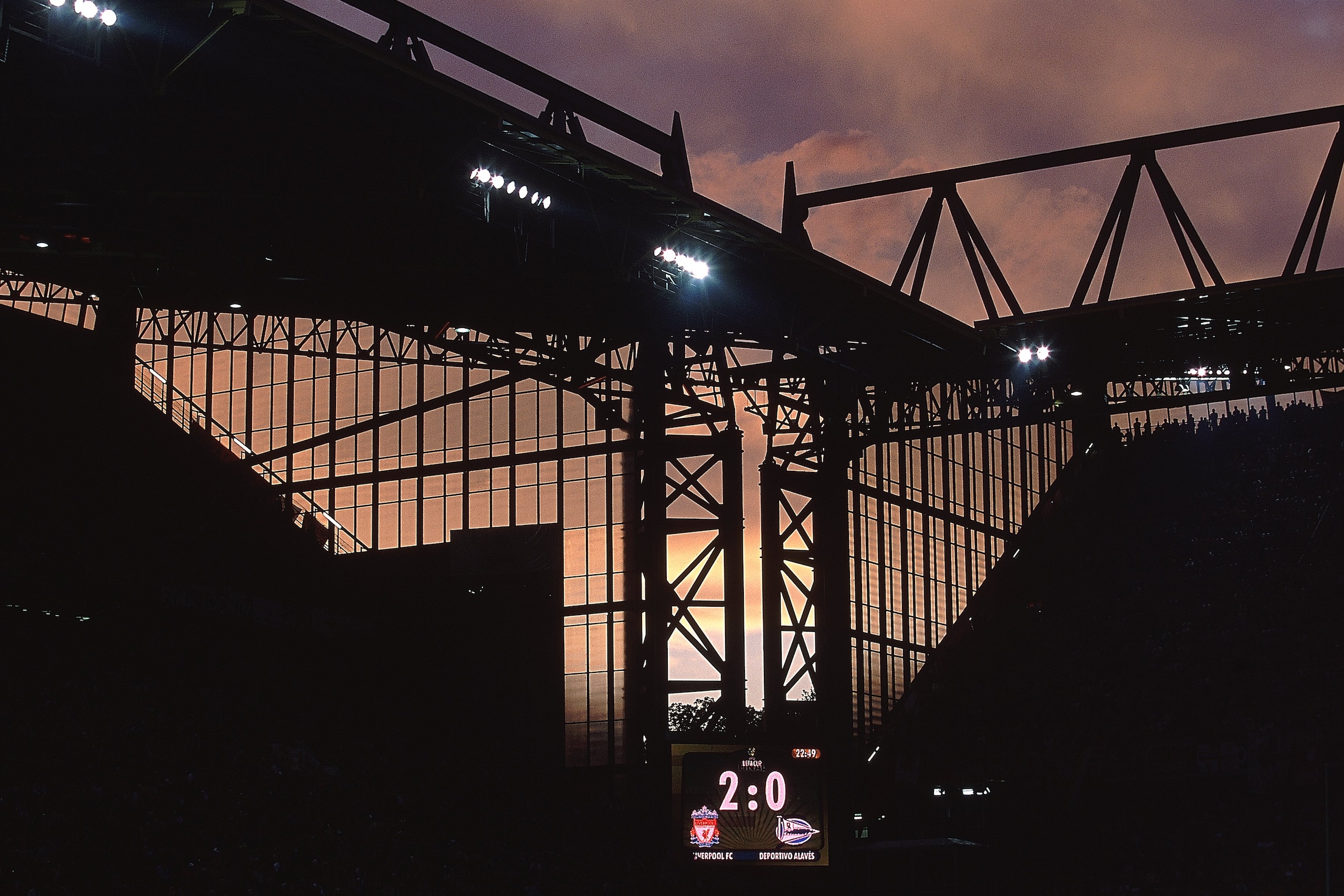 16 May 2001: General view of the Westfalenstadion as the scoreboard reads 2-0 to Liverpool during the UEFA Cup Final against Alaves in Dortmund, Germany. Liverpool went on to win 5-4 with a golden goal in extra-time. \ Mandatory Credit: Gary M Prior/Alls 16 May 2001: General view of the Westfalenstadion as the scoreboard reads 2-0 to Liverpool during the UEFA Cup Final against Alaves in Dortmund, Germany. Liverpool went on to win 5-4 with a golden goal in extra-time. \ Mandatory Credit: Gary M Prior/Alls