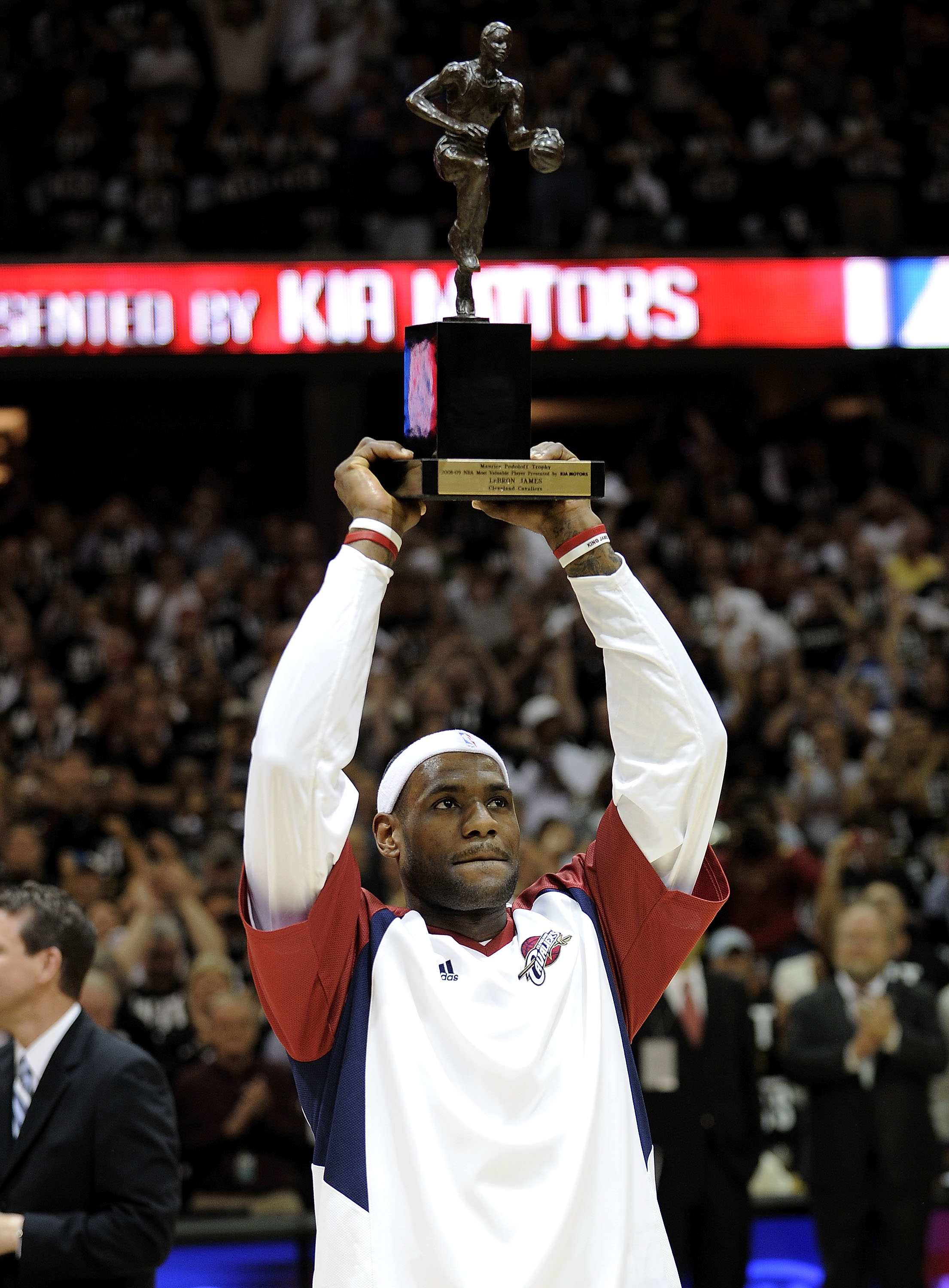 CLEVELAND - MAY 05:  LeBron James #23 of the Cleveland Cavaliers holds up the 2008-2009 MVP trophy prior playing the Atlanta Hawks in Game One of the Eastern Conference Semifinals during the 2009 NBA Playoffs at Quicken Loans Arena on May 5, 2009 in Cleve