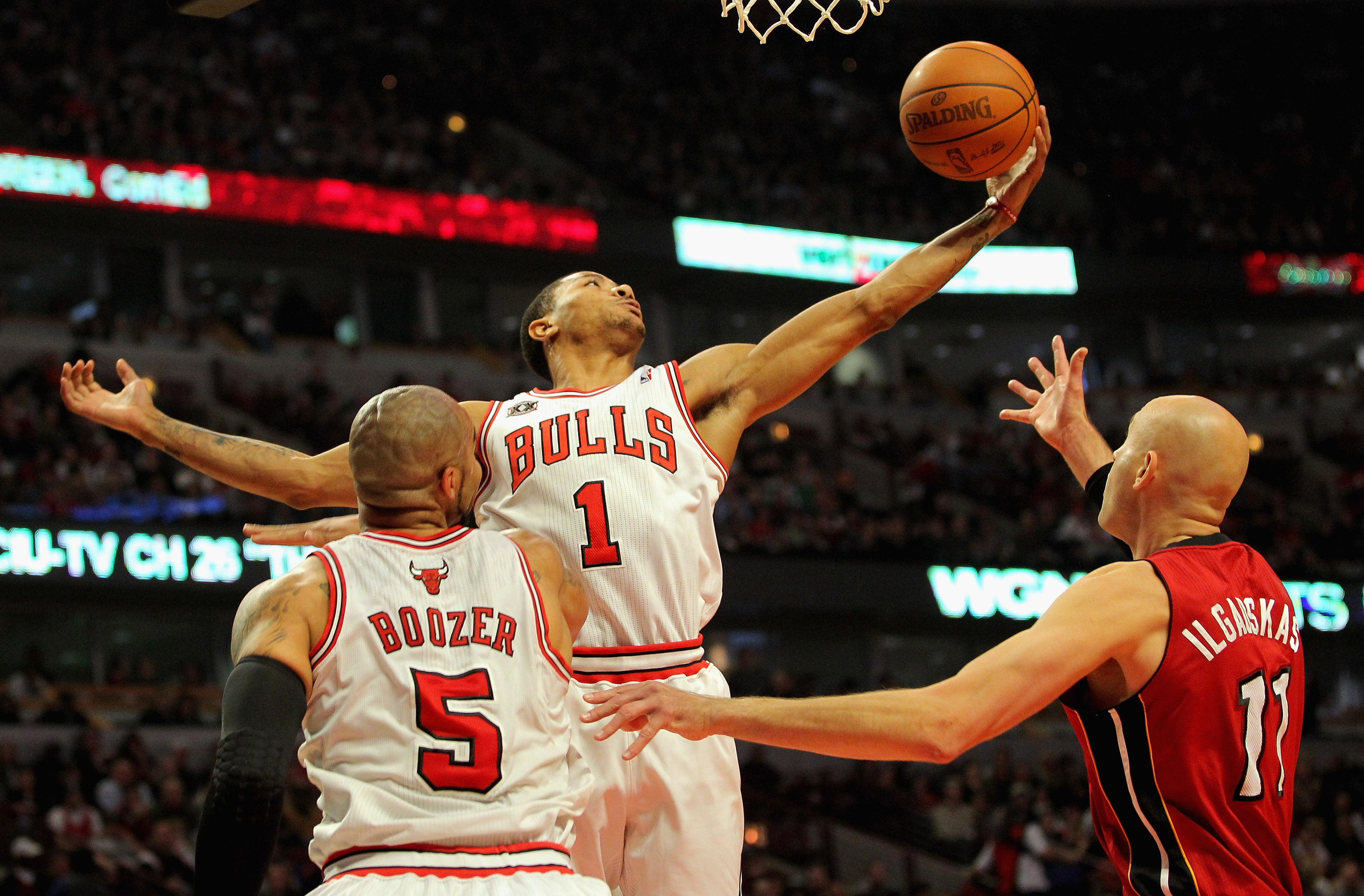 CHICAGO, IL - JANUARY 15:  Derrick Rose #1 of the Chicago Bulls collects a rebound infront of Carlos Boozer #5 of the Bulls and Zydrunas Ilgauskas #11 of the Miami Heat at the United Center on January 15, 2011 in Chicago, Illinois. NOTE TO USER: User expr