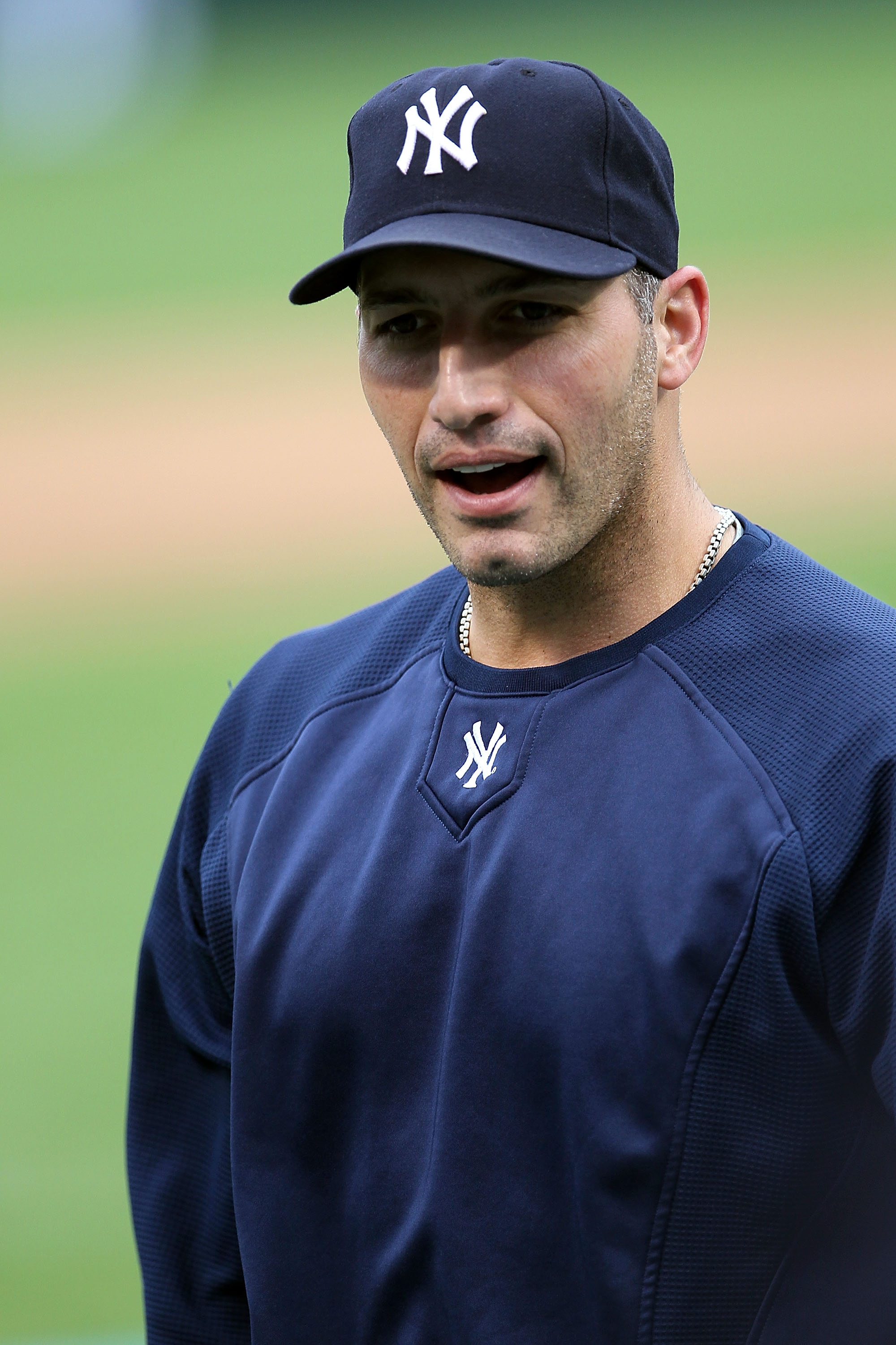 ARLINGTON, TX - OCTOBER 22:   Andy Pettitte #46 of the New York Yankees looks on during batting practice against the Texas Rangers in Game Six of the ALCS during the 2010 MLB Playoffs at Rangers Ballpark in Arlington on October 22, 2010 in Arlington, Texa