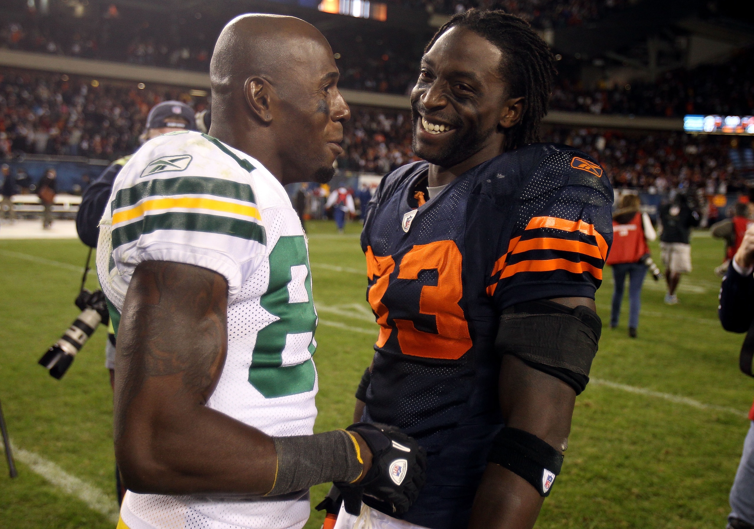 CHICAGO - SEPTEMBER 27:  Charles Tillman #33 of the Chicago Bears talks with Donald Driver #80 of the Green Bay Packers after the Bears won 20-17 at Soldier Field on September 27, 2010 in Chicago, Illinois.  (Photo by Jonathan Daniel/Getty Images)