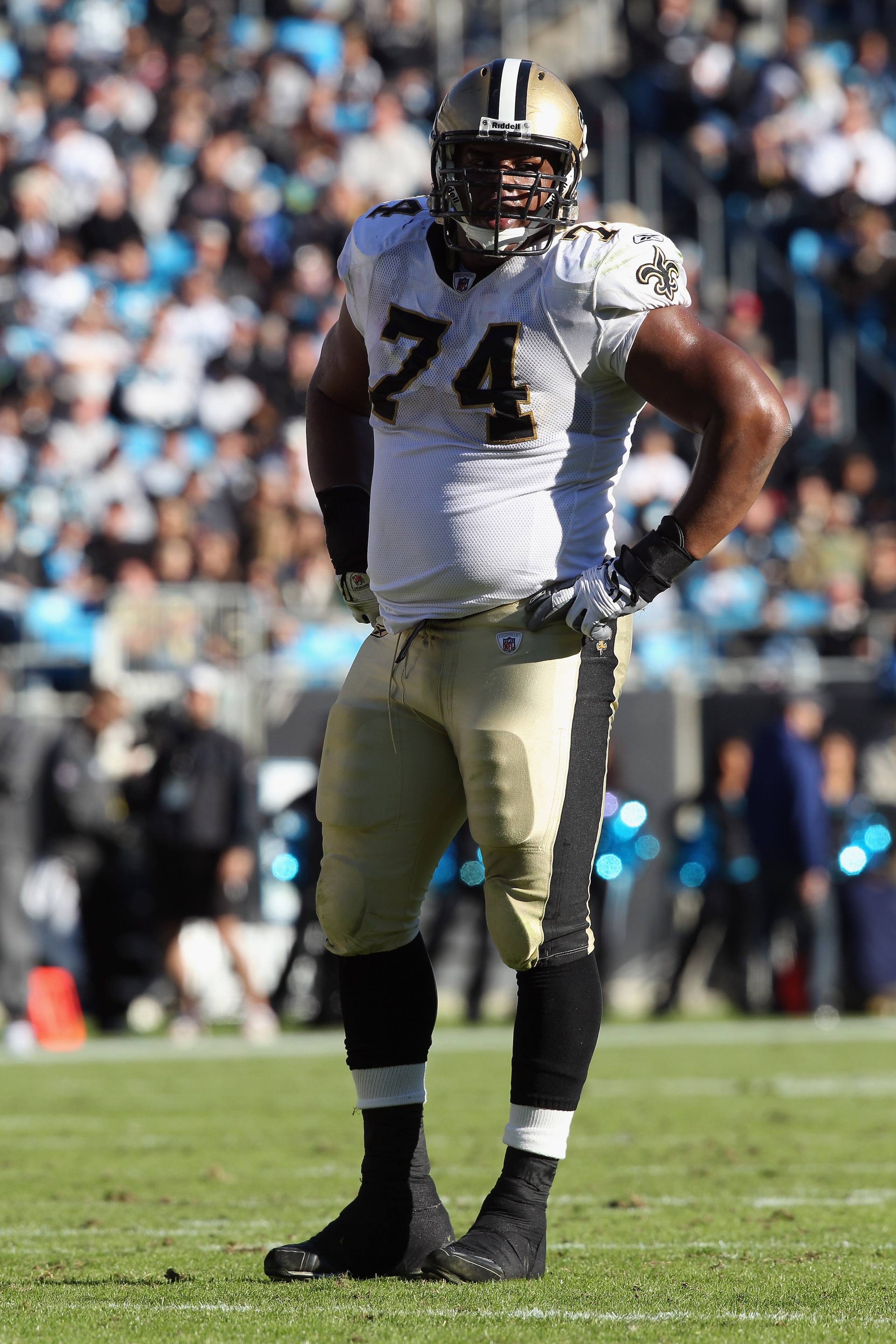 CHARLOTTE, NC - NOVEMBER 07: Jermon Bushrod #74 of the New Orleans Saints against the Carolina Panthers during their game at Bank of America Stadium on November 7, 2010 in Charlotte, North Carolina. (Photo by Streeter Lecka/Getty Images) CHARLOTTE, NC - NOVEMBER 07: Jermon Bushrod #74 of the New Orleans Saints against the Carolina Panthers during their game at Bank of America Stadium on November 7, 2010 in Charlotte, North Carolina. (Photo by Streeter Lecka/Getty Images)