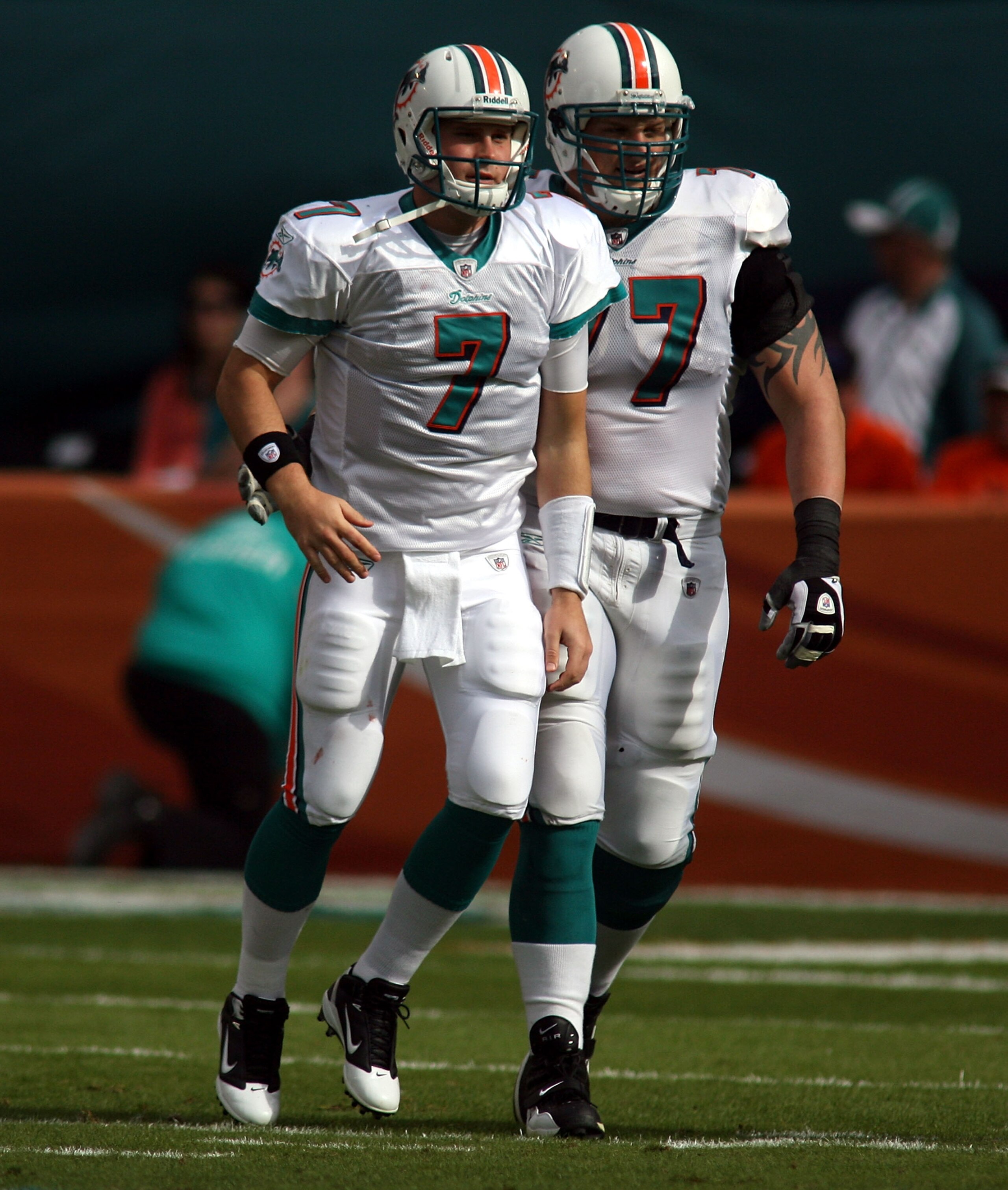 MIAMI - DECEMBER 19: Quarterback Chad Henne #7 and Lineman Jake Long#77 of the Miami Dolphins throws against the Buffalo Bills at Sun Life Stadium on December 19, 2010 in Miami, Florida. The Bills defeated the Dolphins 17-14. (Photo by Marc Serota/Getty MIAMI - DECEMBER 19: Quarterback Chad Henne #7 and Lineman Jake Long#77 of the Miami Dolphins throws against the Buffalo Bills at Sun Life Stadium on December 19, 2010 in Miami, Florida. The Bills defeated the Dolphins 17-14. (Photo by Marc Serota/Getty