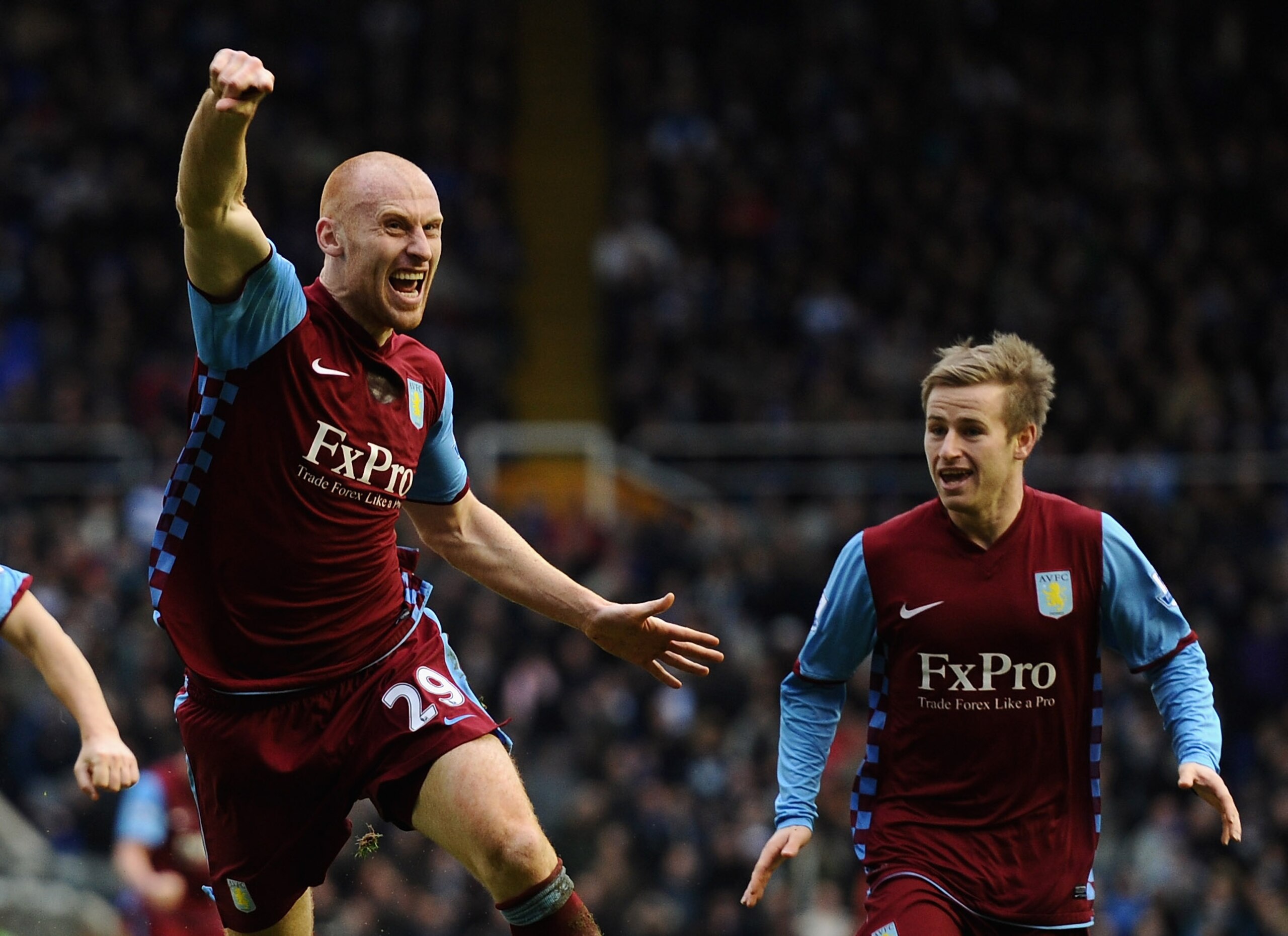 BIRMINGHAM, ENGLAND - JANUARY 16:  James Collins of Aston Villa jumps for joy as he celebrates the equalising goal during the Barclays Premier League match between Birmingham City and Aston Villa at St Andrews on January 16, 2011 in Birmingham, England.