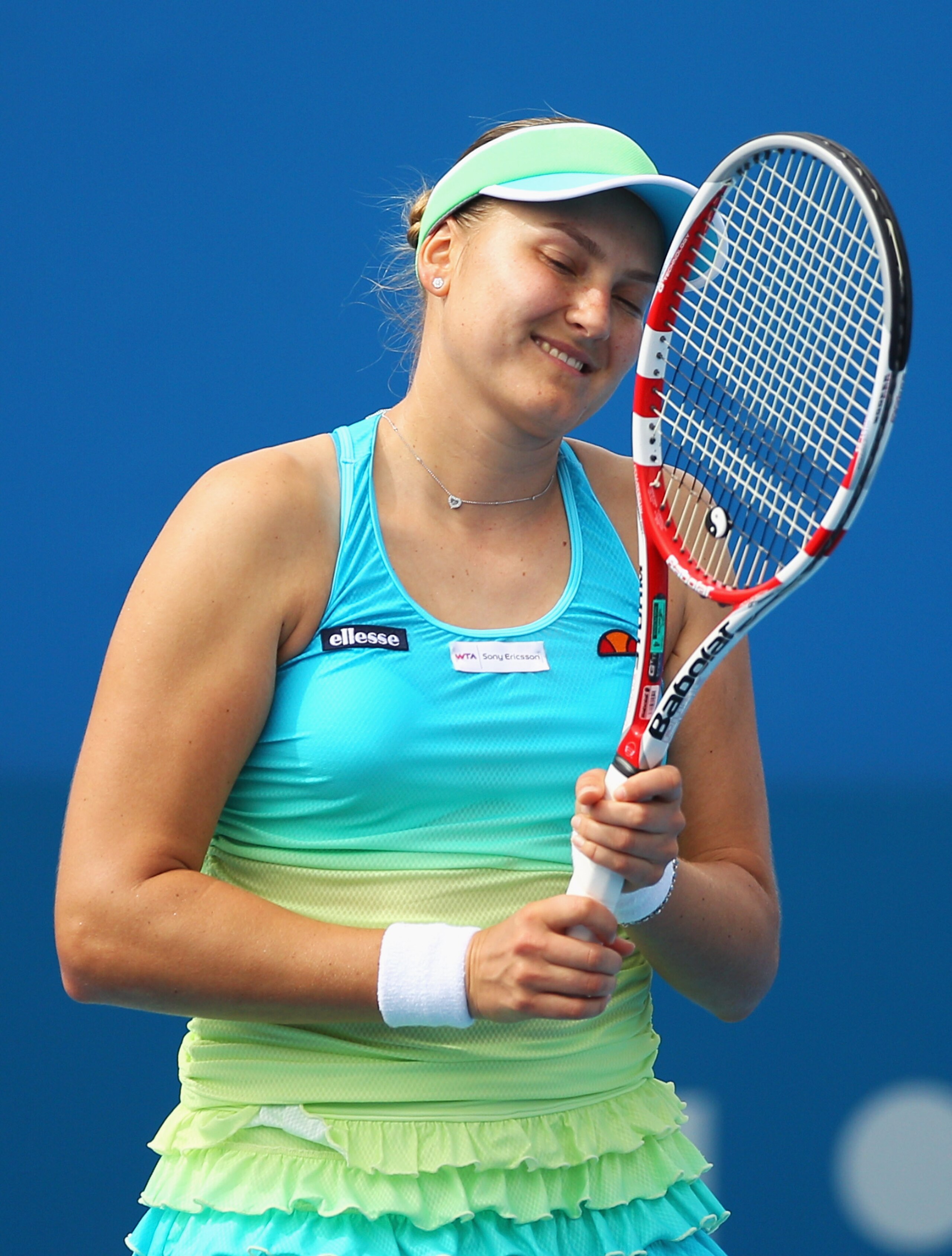 SYDNEY, AUSTRALIA - JANUARY 10:  Nadia Petrova of Russia reacts after losing a point in her match against Barbora Zahlavova Strycova of the Czech Republic during day two of the 2011 Medibank International at Sydney Olympic Park Tennis Centre on January 10