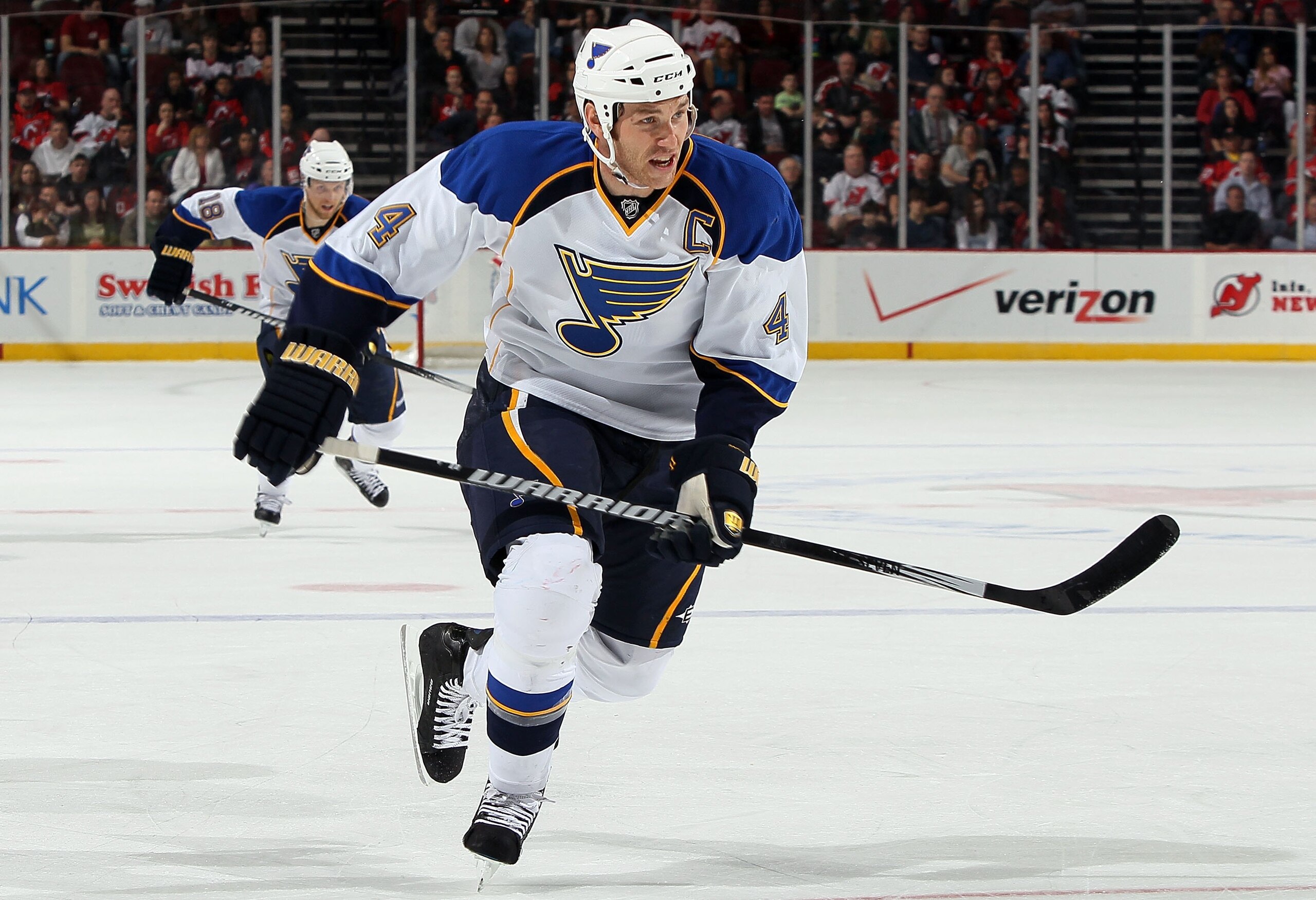 NEWARK, NJ - MARCH 20:  Eric Brewer #4 of the St. Louis Blues skates against the New Jersey Devils at the Prudential Center on March 20, 2010 in Newark, New Jersey. The Blues defeated the Devils 1-0.  (Photo by Jim McIsaac/Getty Images)