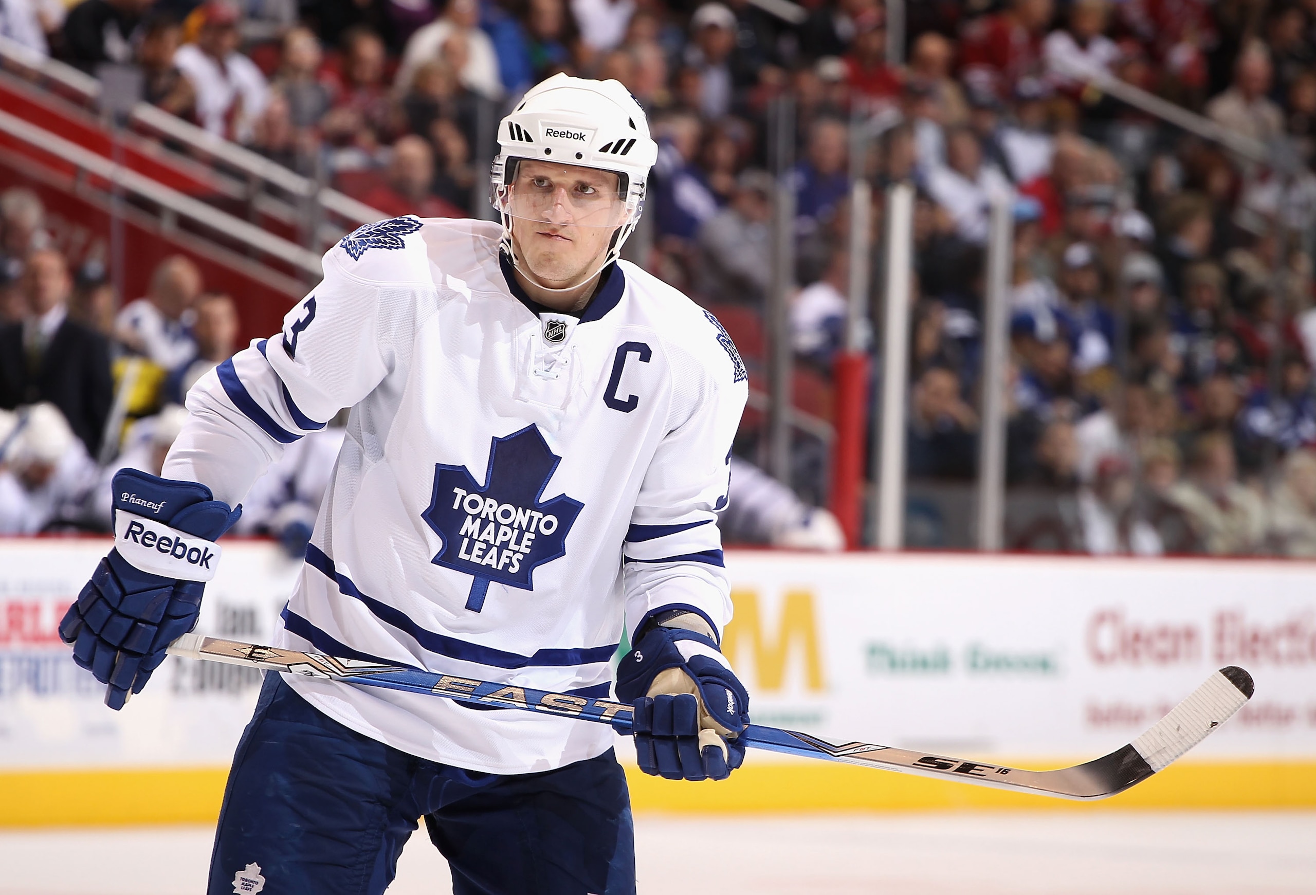 GLENDALE, AZ - JANUARY 13:  Dion Phaneuf #3 of the Toronto Maple Leafs in action during the NHL game against the Phoenix Coyotes at Jobing.com Arena on January 13, 2011 in Glendale, Arizona. The Coyotes defeated the Maple Leafs 5-1.  (Photo by Christian P