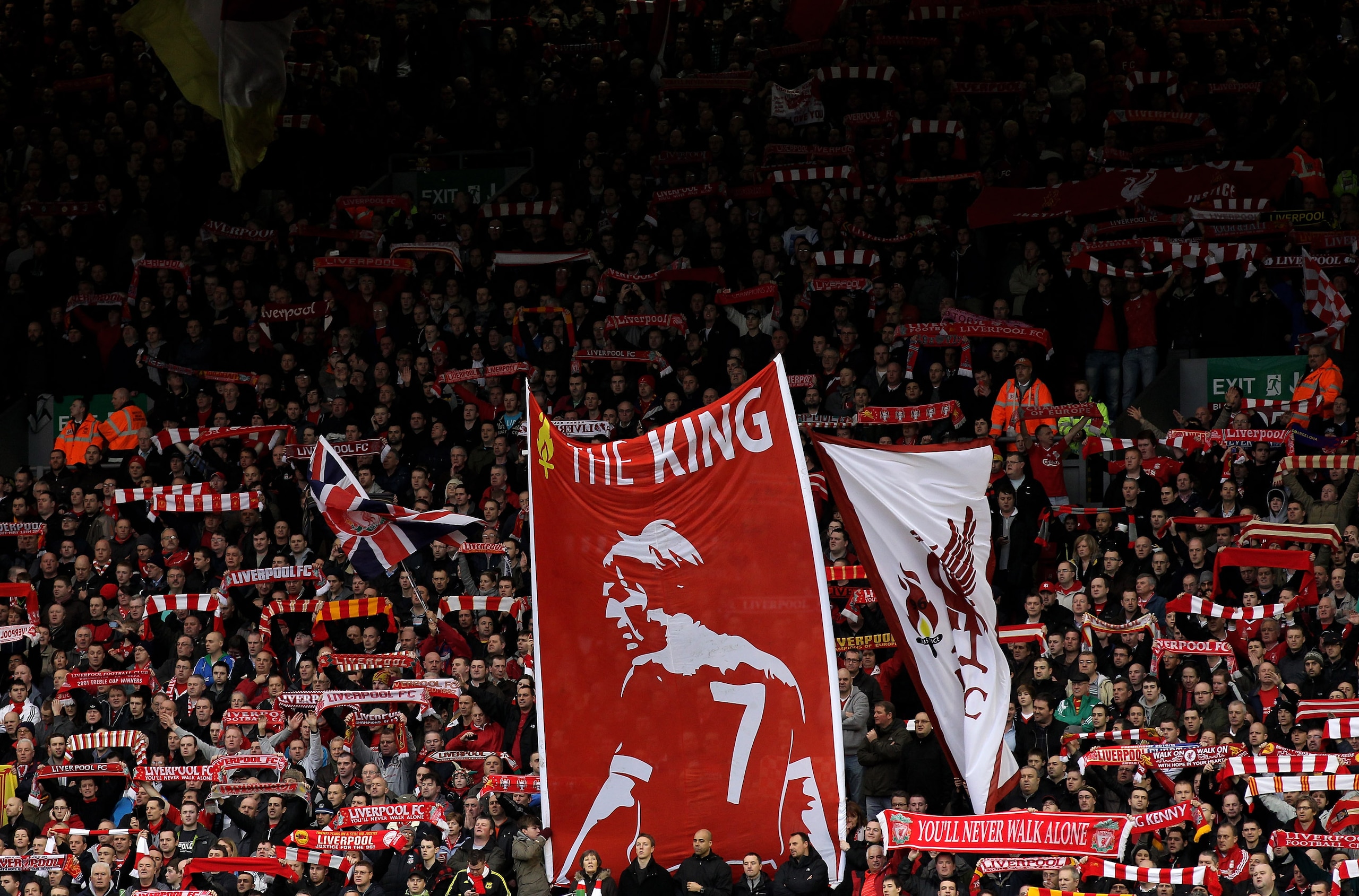 LIVERPOOL, ENGLAND - JANUARY 16:  The Kop display a banner honouring Liverpool Manager Kenny Dalglish prior to the Barclays Premier League match between Liverpool and Everton at Anfield on January 16, 2011 in Liverpool, England. (Photo by Alex Livesey /Ge