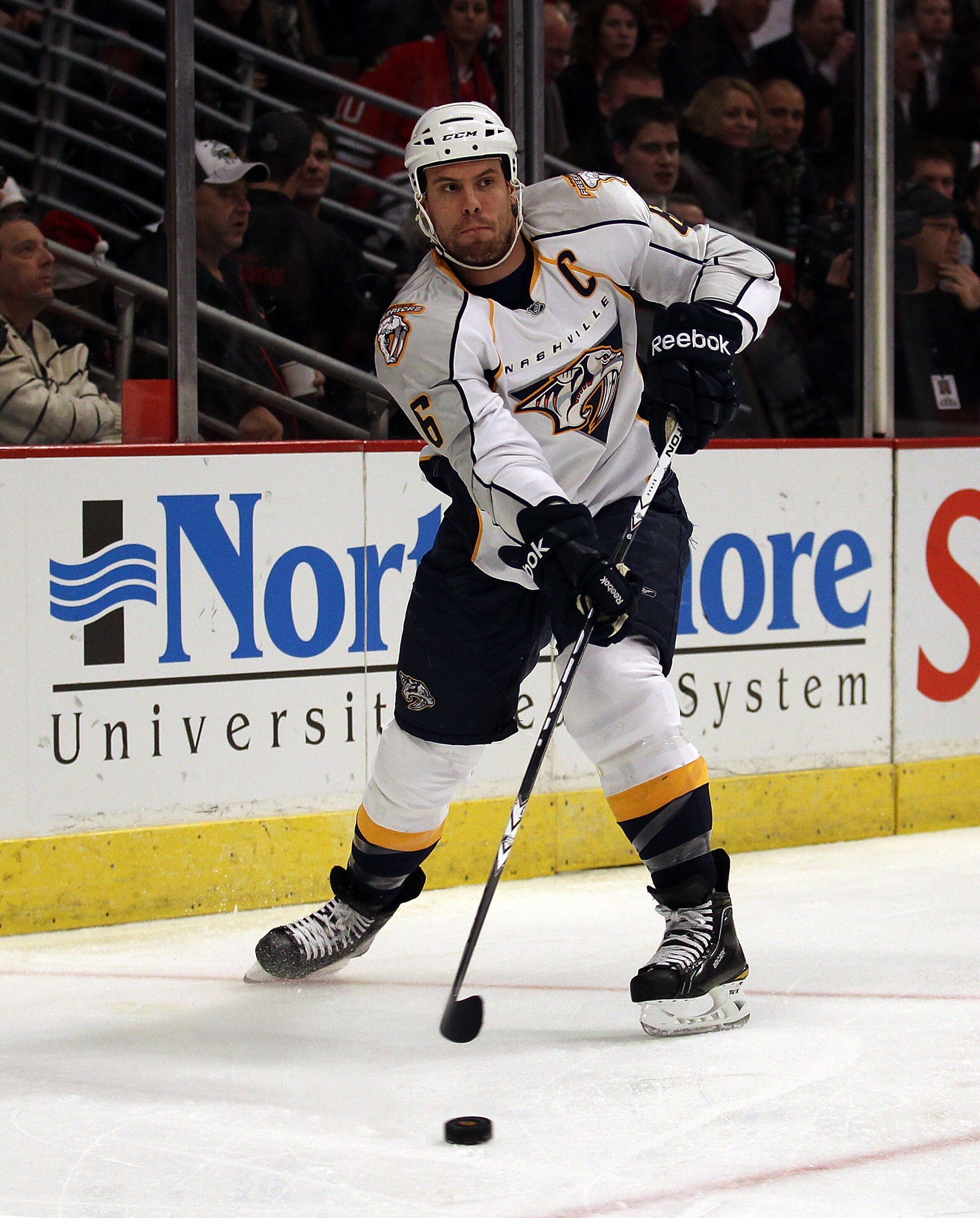 CHICAGO, IL - DECEMBER 22: Shea Weber #6 of the Nashville Predators passes the puck against the Chicago Blackhawks at the United Center on December 22, 2010 in Chicago, Illinois. The Blackhawks defeated the Predators 4-1. (Photo by Jonathan Daniel/Getty I
