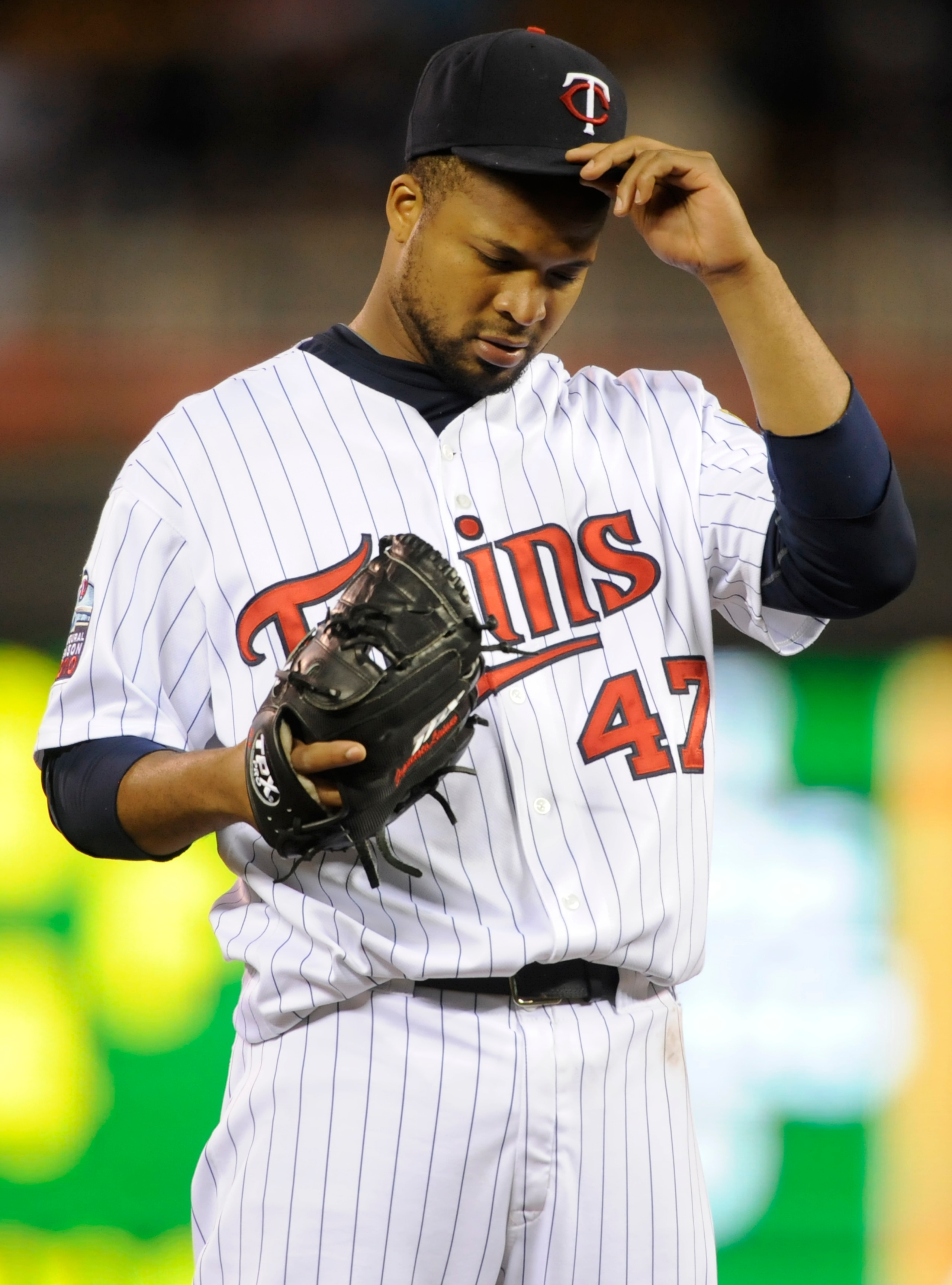 MINNEAPOLIS, MN - OCTOBER 6: Francisco Liriano #47 of the Minnesota Twins reacts during game one of the ALDS against the New York Yankees on October 6, 2010 at Target Field in Minneapolis, Minnesota. (Photo by Hannah Foslien /Getty Images)
