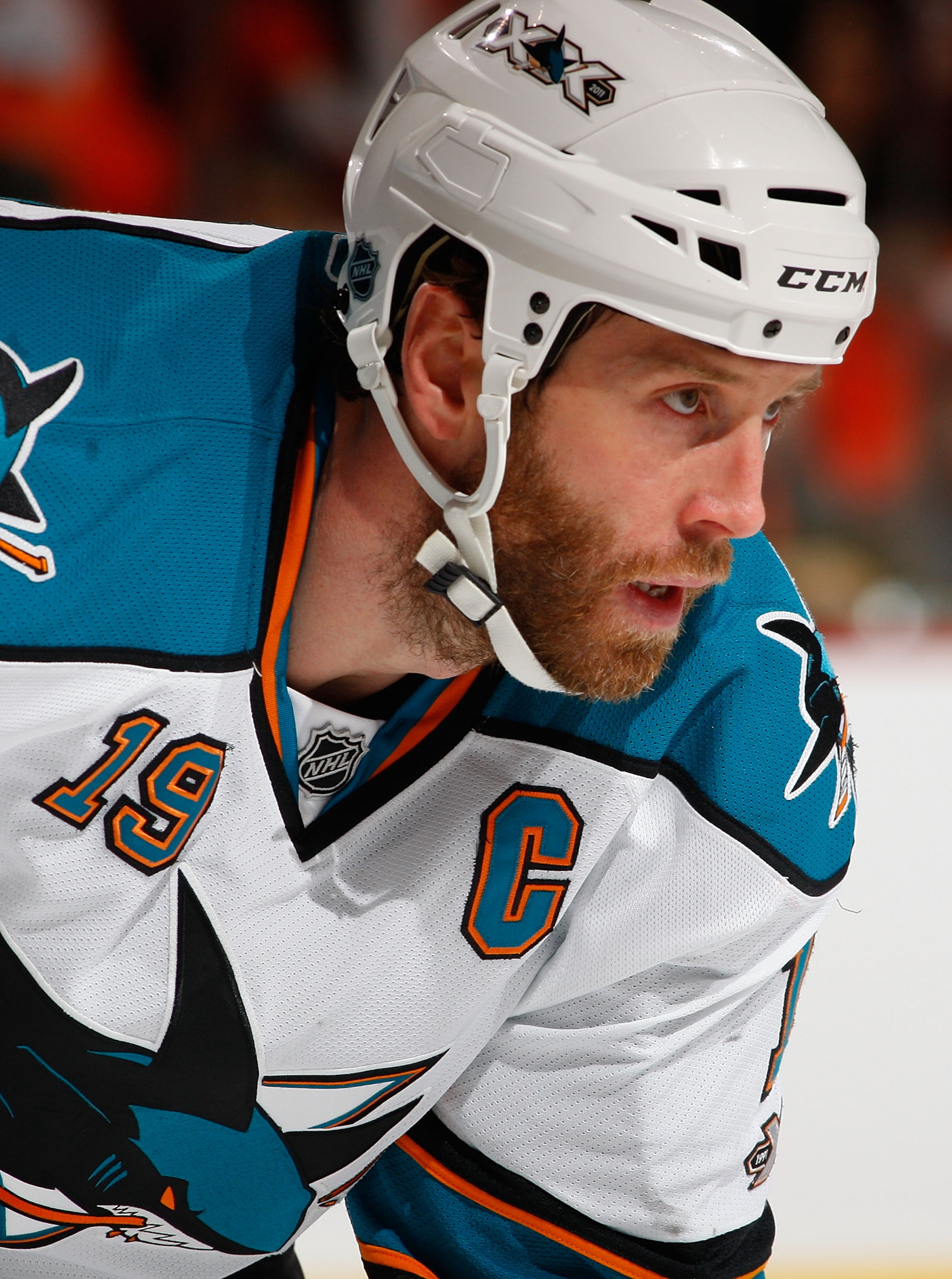 PHILADELPHIA - DECEMBER 08:  Joe Thornton #19 of the San Jose Sharks skates against the Philadelphia Flyers on December 8, 2010 at the Wells Fargo Center in Philadelphia, Pennsylvania. Sharks defeat the Flyers 5-4 in a shootout.  (Photo by Mike Stobe/Gett
