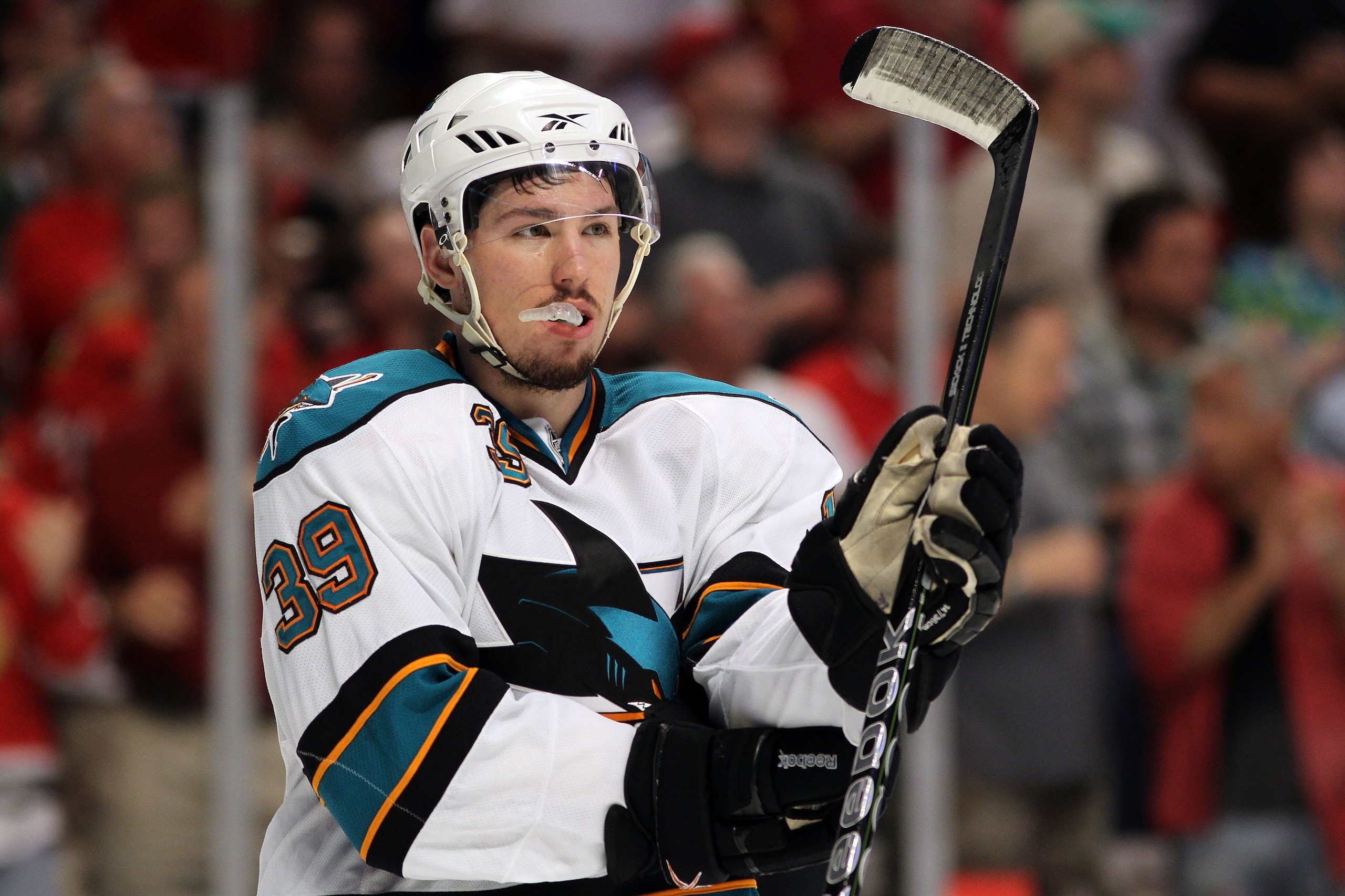 CHICAGO - MAY 23:  Logan Couture #39 of the San Jose Sharks looks on while taking on the Chicago Blackhawks in Game Four of the Western Conference Finals during the 2010 NHL Stanley Cup Playoffs at the United Center on May 23, 2010 in Chicago, Illinois.