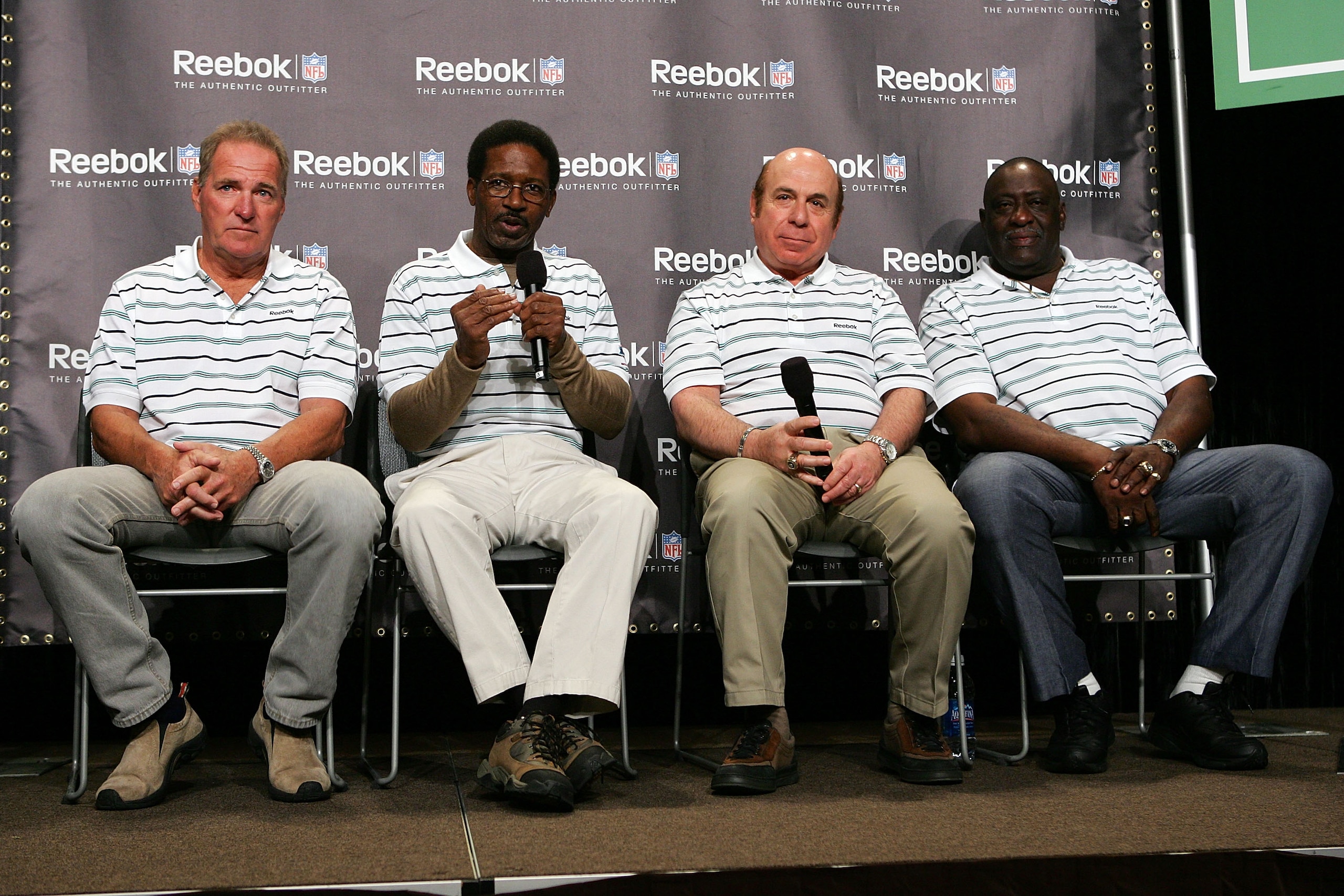 PHOENIX - FEBRUARY 01:  Former Miami Dolphins (L-R) Jim Kiick, Eugene 'Mercury' Morris, Garo Yepremian, and Larry Little answer questions during a press conference anouncing Reebok's new television campaign -dubbed 'Perfectville'- featuring members of the