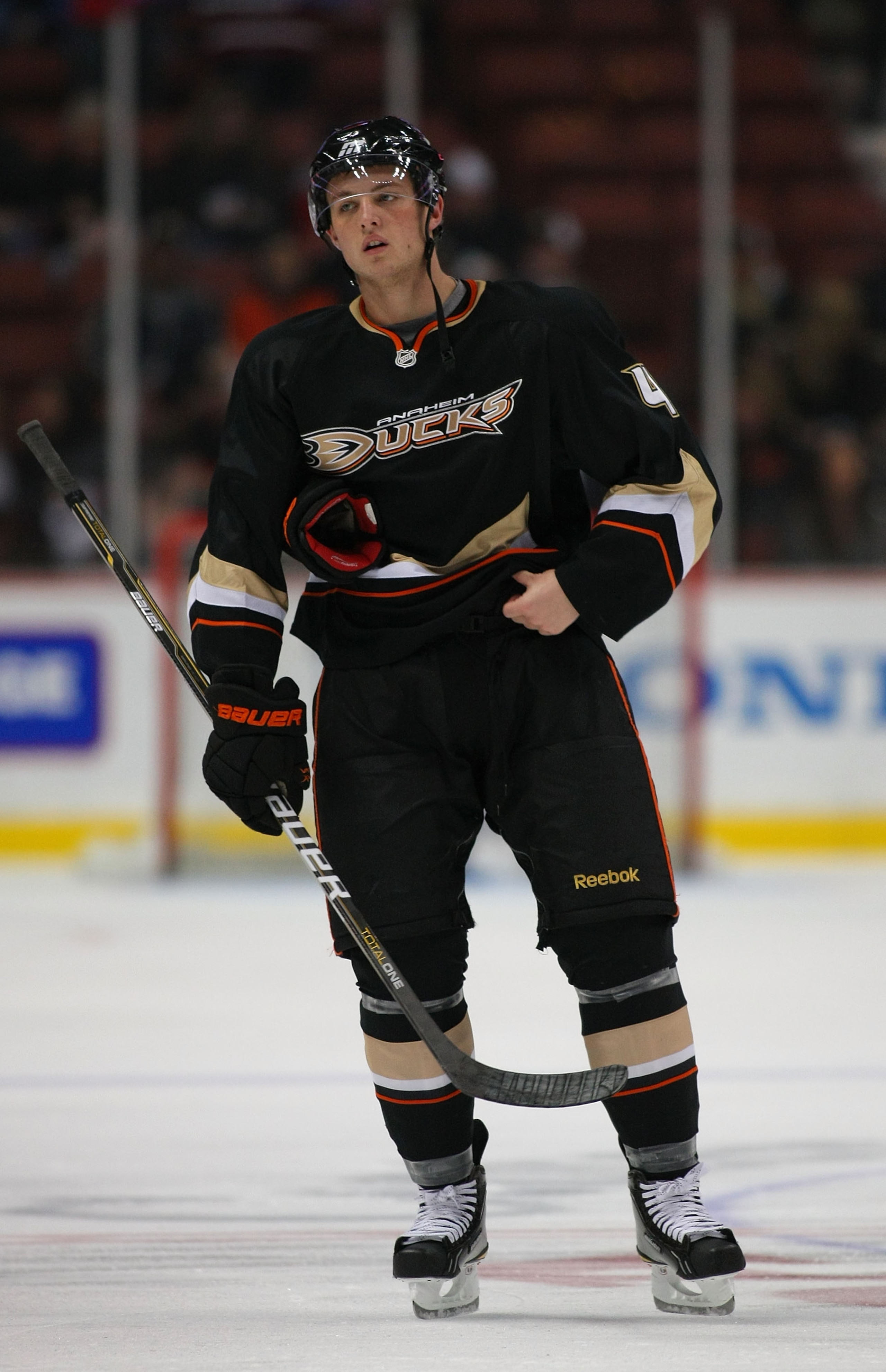 ANAHEIM, CA - JANUARY 02:  Cam Fowler #4 of the Anaheim Ducks skates during warm-up prior to their NHL game against the Chicago Blackhawks at Honda Center on January 2, 2011 in Anaheim, California. The Ducks defeated the Blackhawks 2-1.  (Photo by Victor