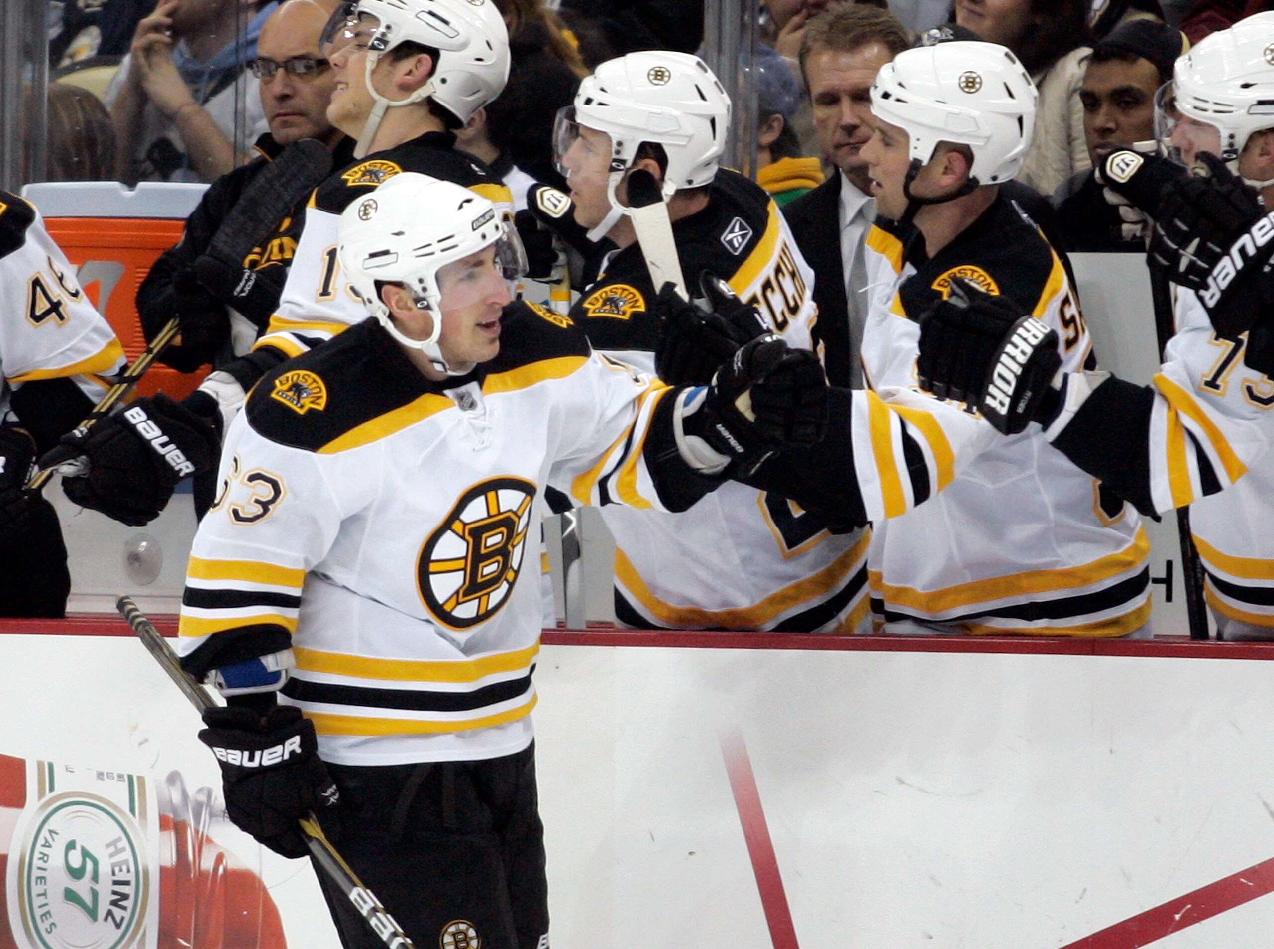 PITTSBURGH, PA - JANUARY 10:  Brad Marchand #63 of the Boston Bruins celebrates his game tying goal against the Pittsburgh Penguins on January 10, 2011 at Consol Energy Center in Pittsburgh, Pennsylvania.  The Bruins defeated the Penguins 4-2.  (Photo by