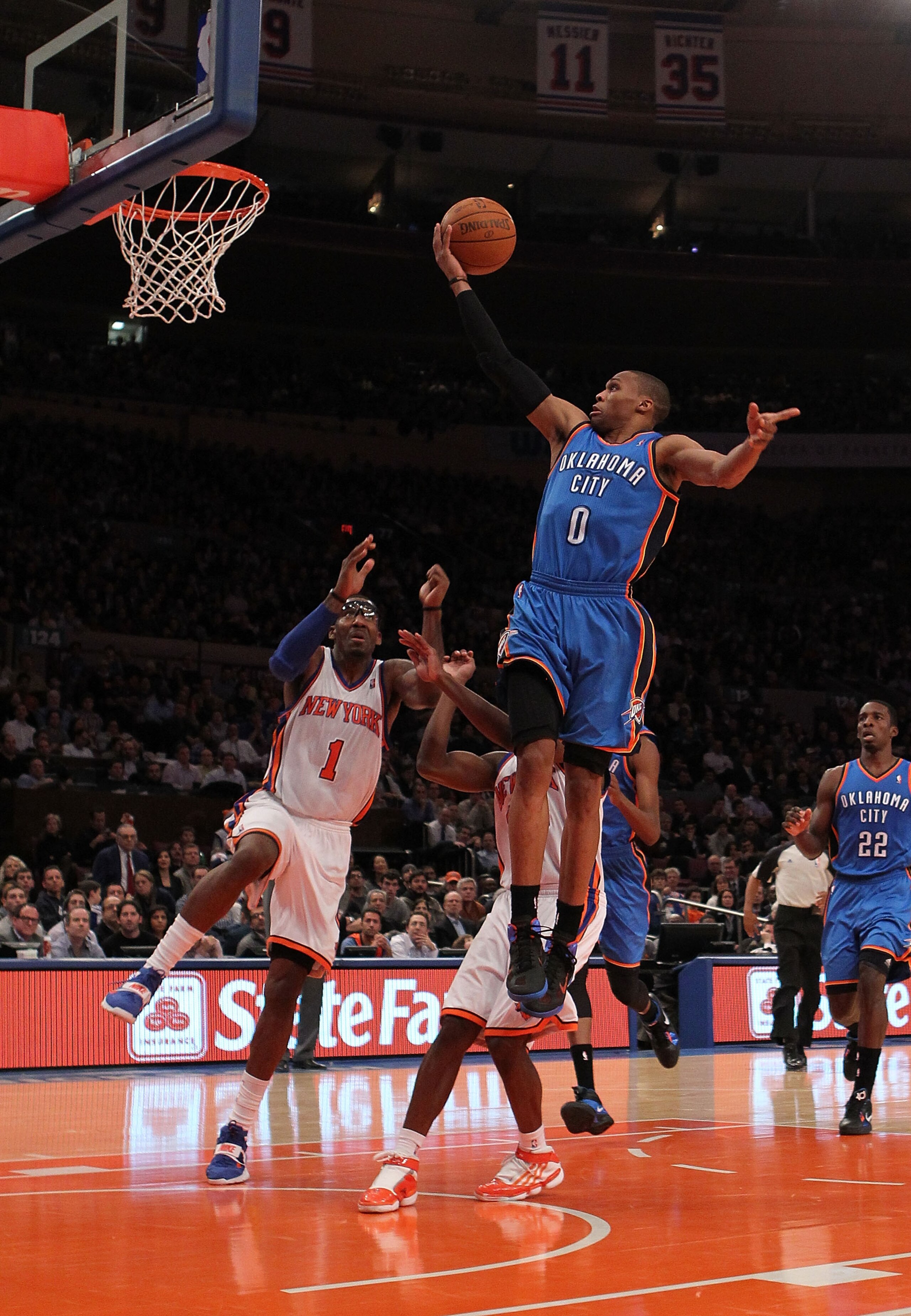 NEW YORK - DECEMBER 22:  Amar'e Stoudemire #1 of the New York Knicks blocks a shot by Russell Westbrook #0 of the Oklahoma City Thunder at Madison Square Garden on December 22, 2010 in New York, New York.   NOTE TO USER: User expressly acknowledges and ag