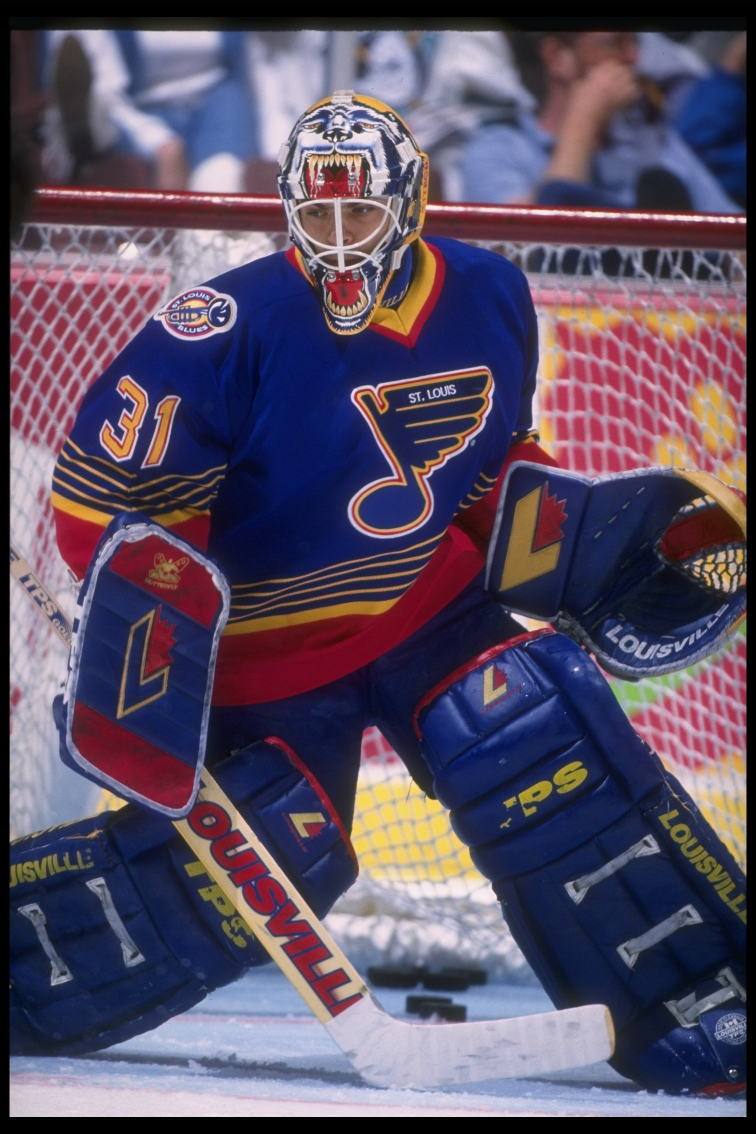 1 May 1995:  Goaltender Curtis Joseph of the St. Louis Blues looks on during a game against the Anaheim Mighty Ducks at Arrowhead Pond in Anaheim, California.  The Blues won the game, 5-3. Mandatory Credit: Al Bello  /Allsport