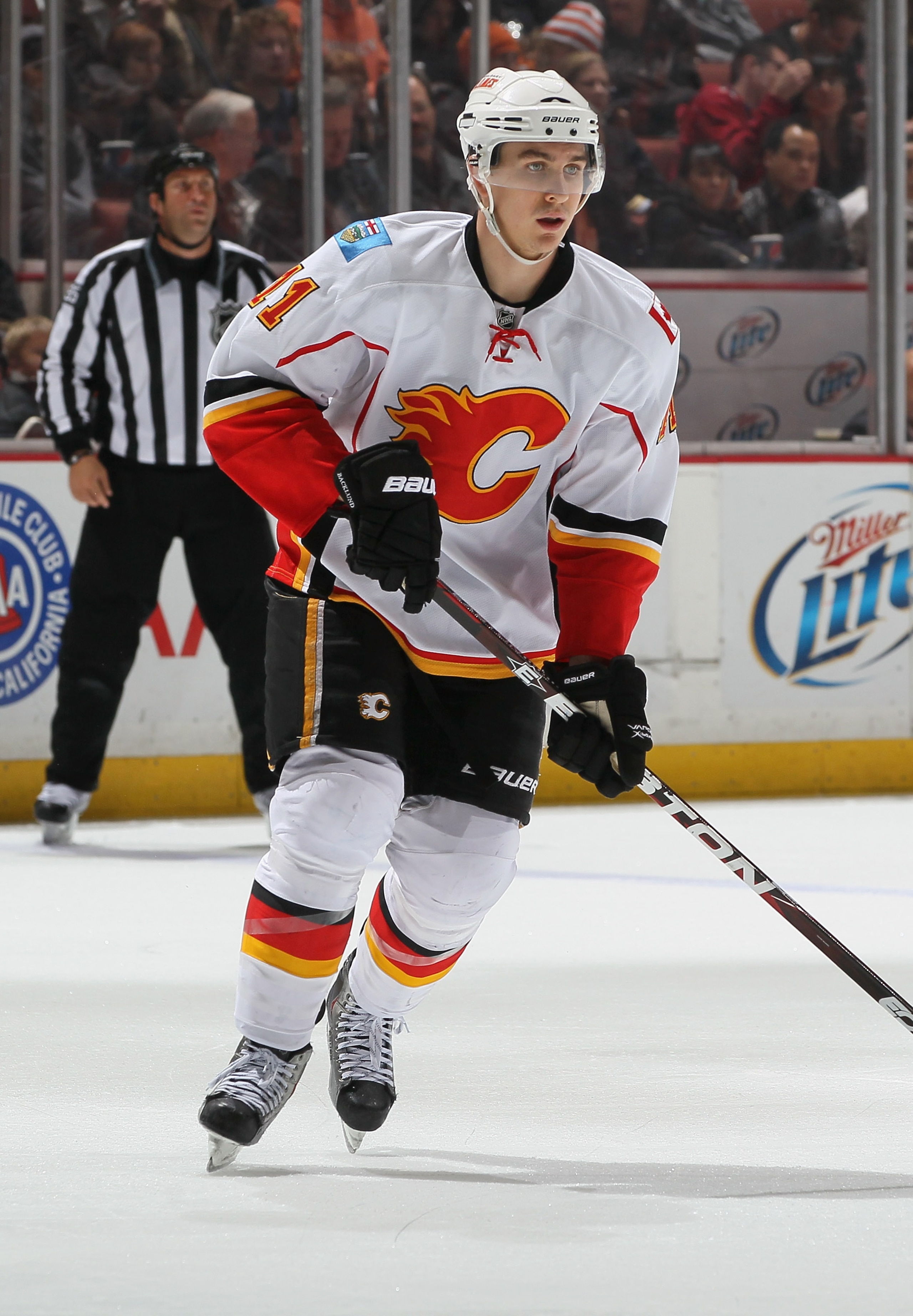 ANAHEIM, CA - DECEMBER 10:  Mikael Backlund #11 of the Calgary Flames skates against the Anaheim Ducks at the Honda Center on December 10, 2010 in Anaheim, California.  (Photo by Jeff Gross/Getty Images)