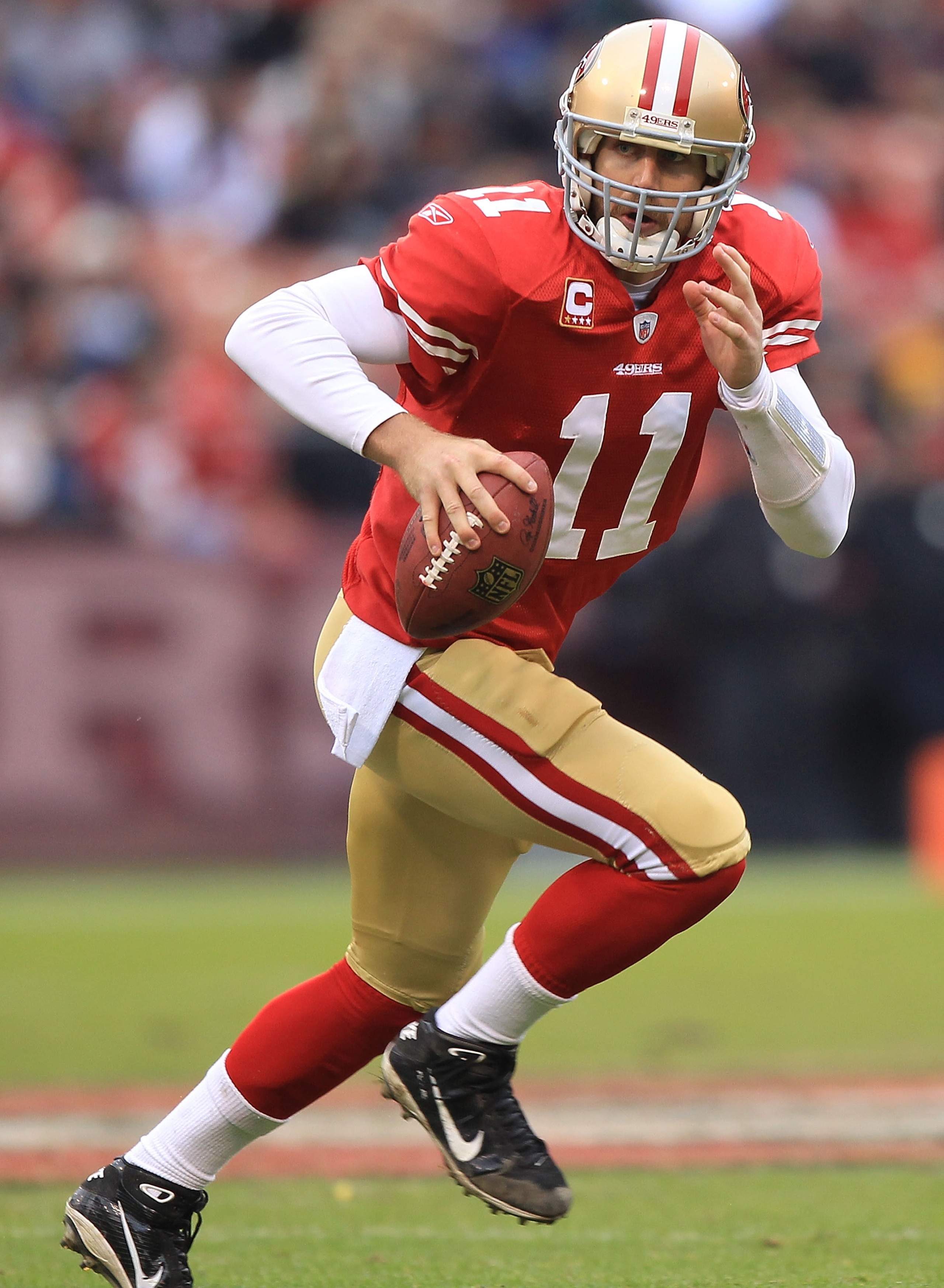 SAN FRANCISCO, CA - JANUARY 02: Alex Smith #11 of the San Francisco 49ers runs against the Arizona Cardinals during an NFL game at Candlestick Park on January 2, 2011 in San Francisco, California. (Photo by Jed Jacobsohn/Getty Images) SAN FRANCISCO, CA - JANUARY 02: Alex Smith #11 of the San Francisco 49ers runs against the Arizona Cardinals during an NFL game at Candlestick Park on January 2, 2011 in San Francisco, California. (Photo by Jed Jacobsohn/Getty Images)