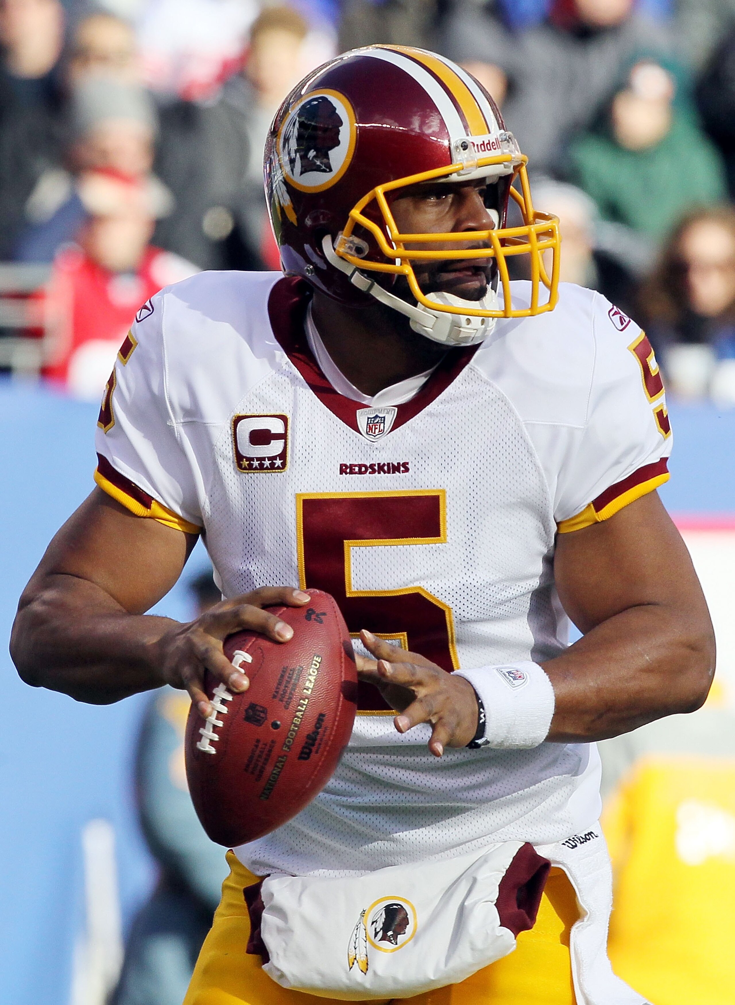 EAST RUTHERFORD, NJ - DECEMBER 05: Donovan McNabb #5 of the Washington Redskins looks to throw a pass against the New York Giants on December 5, 2010 at the New Meadowlands Stadium in East Rutherford, New Jersey. The Giants defeated the Redskins 31-7. ( EAST RUTHERFORD, NJ - DECEMBER 05: Donovan McNabb #5 of the Washington Redskins looks to throw a pass against the New York Giants on December 5, 2010 at the New Meadowlands Stadium in East Rutherford, New Jersey. The Giants defeated the Redskins 31-7. (