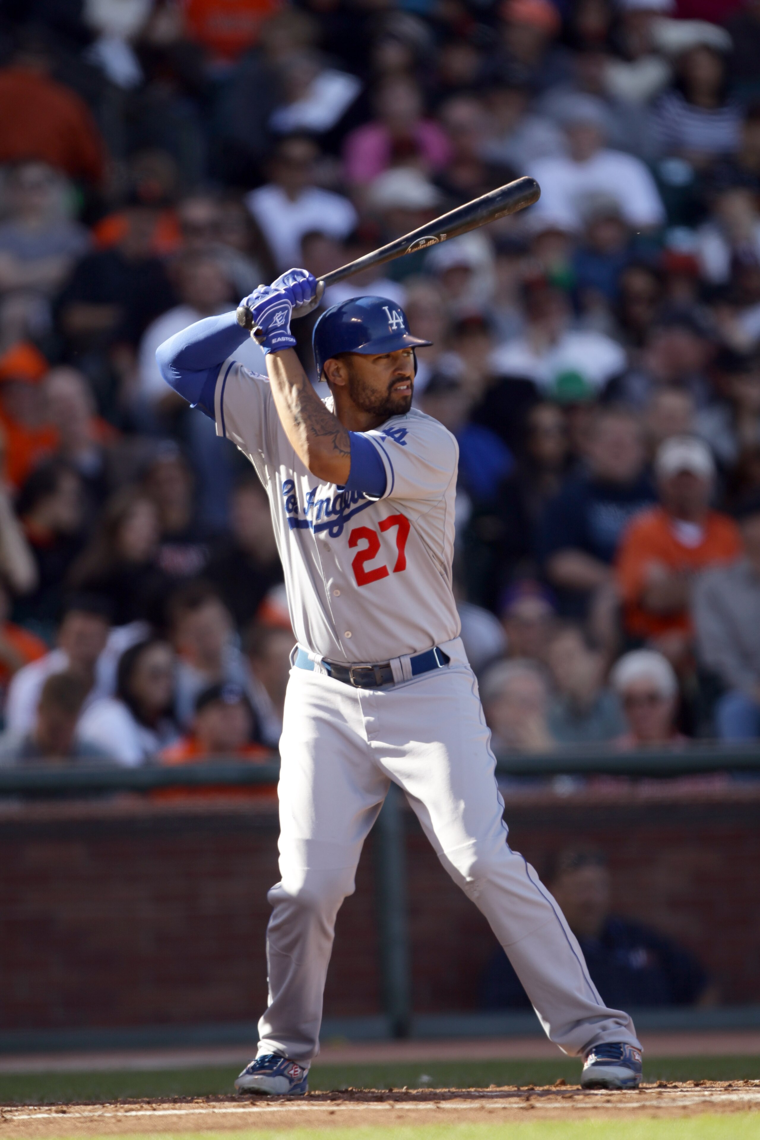 SAN FRANCISCO - AUGUST 01:  Matt Kemp #27 of the Los Angeles Dodgers bats against the San Francisco Giants at AT&T Park on August 1, 2010 in San Francisco, California.  (Photo by Ezra Shaw/Getty Images)