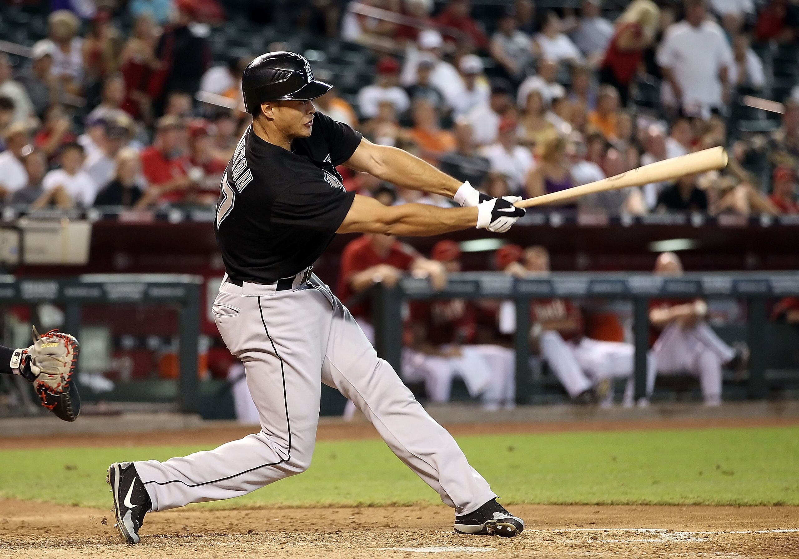 PHOENIX - JULY 11:  Mike Stanton #27 of the Florida Marlins bats against the Arizona Diamondbacks during the Major League Baseball game at Chase Field on July 11, 2010 in Phoenix, Arizona.  The Marlins defeated the Diamondbacks 2-0.  (Photo by Christian P