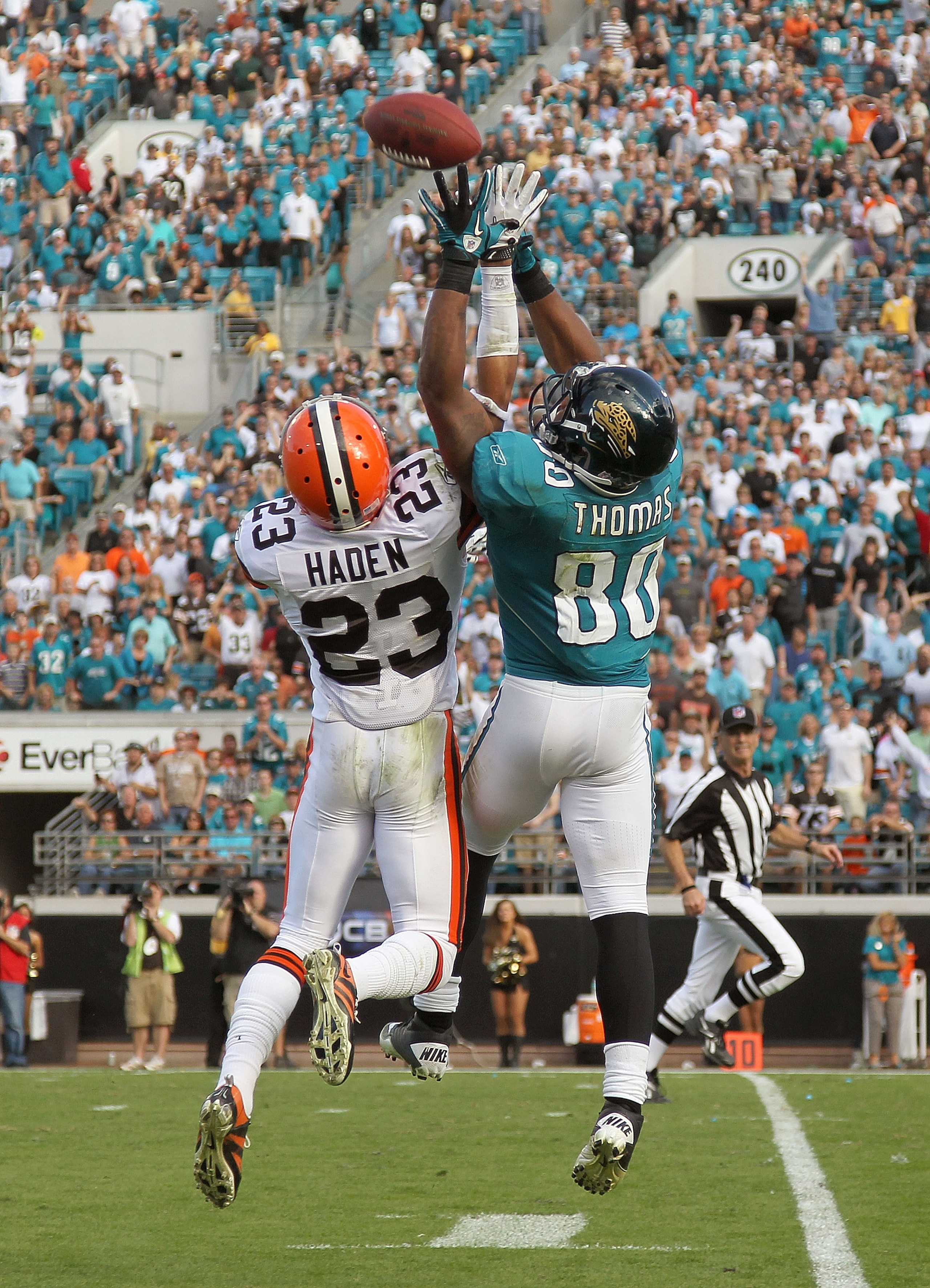 JACKSONVILLE, FL - NOVEMBER 21: Mike Thomas #80 of the Jacksonville Jaguars goes up for a ball against Joe Haden #23 during a game agaisnt the Cleveland Browns at EverBank Field on November 21, 2010 in Jacksonville, Florida. (Photo by Mike Ehrmann/Getty JACKSONVILLE, FL - NOVEMBER 21: Mike Thomas #80 of the Jacksonville Jaguars goes up for a ball against Joe Haden #23 during a game agaisnt the Cleveland Browns at EverBank Field on November 21, 2010 in Jacksonville, Florida. (Photo by Mike Ehrmann/Getty