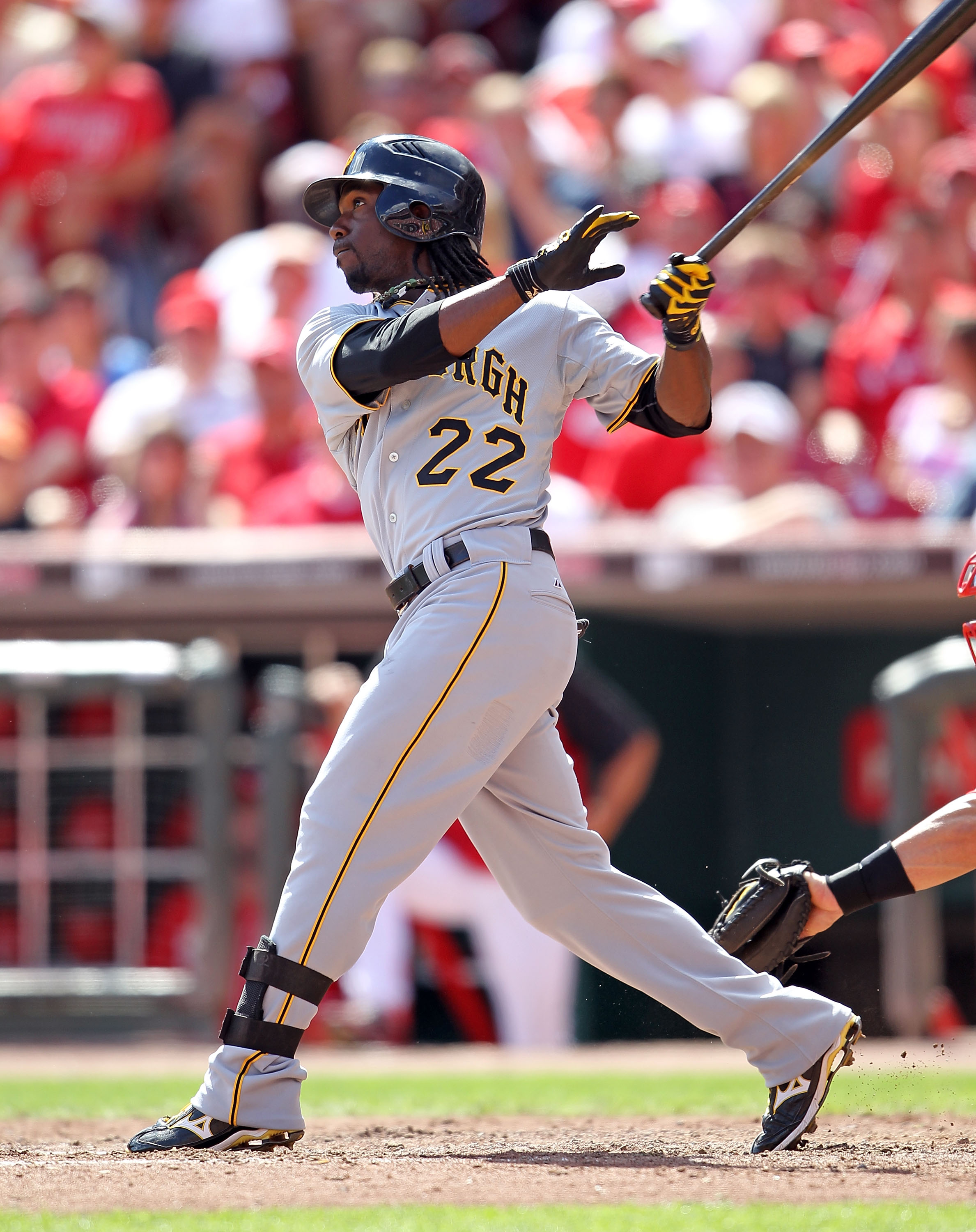 Pittsburgh Pirates' Andrew McCutchen (22) celebrates with Xavier Paul after  both scored on a double by Lyle Overbay off Arizona Diamondbacks pitcher  David Hernandez during the eighth inning of a baseball game