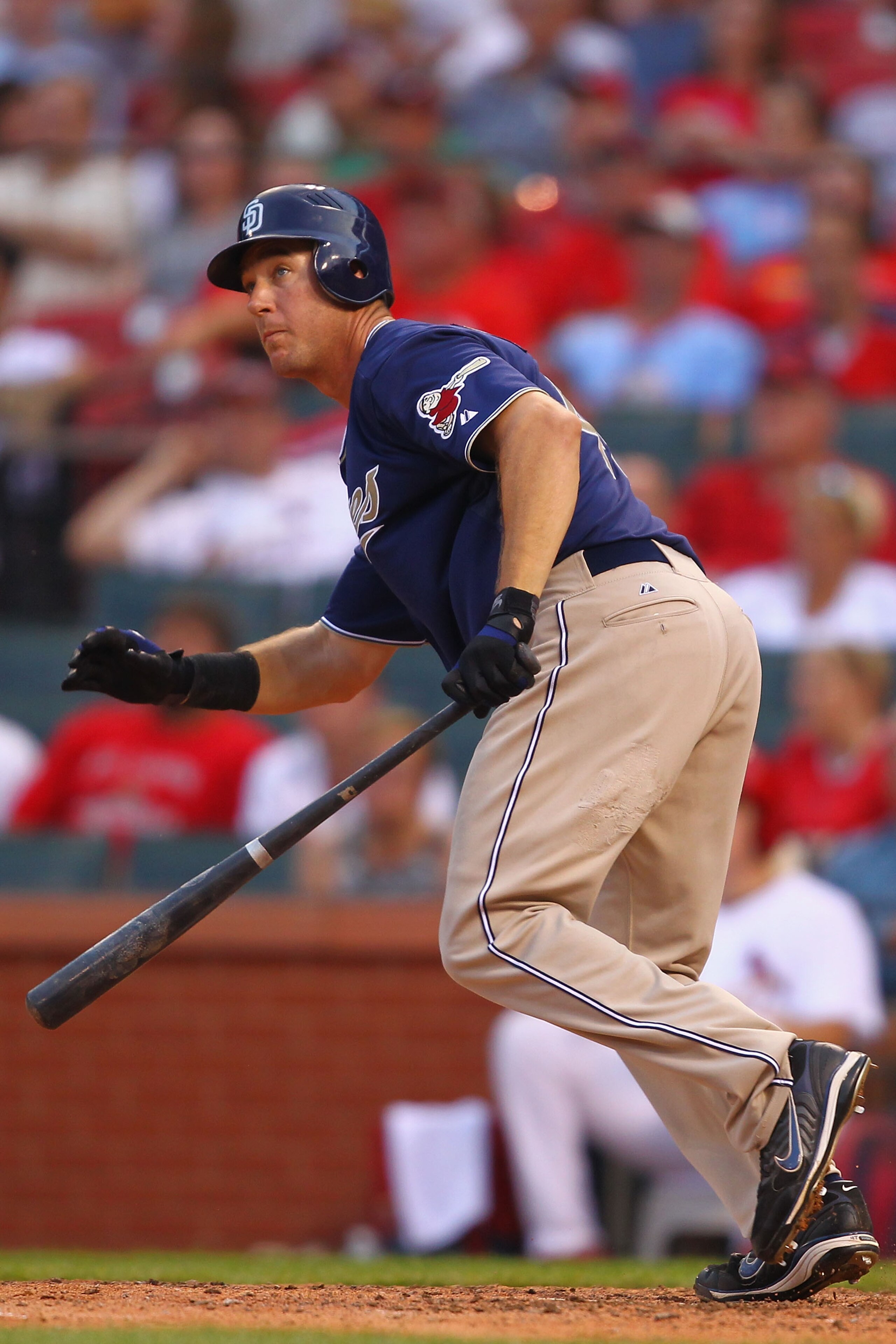 ST. LOUIS - SEPTEMBER 18: Ryan Ludwick #47 of the San Diego Padres watches his game-winning three-run home run leave the park against the St. Louis Cardinals at Busch Stadium on September 18, 2010 in St. Louis, Missouri.  The Padres beat the Cardinals 8-4