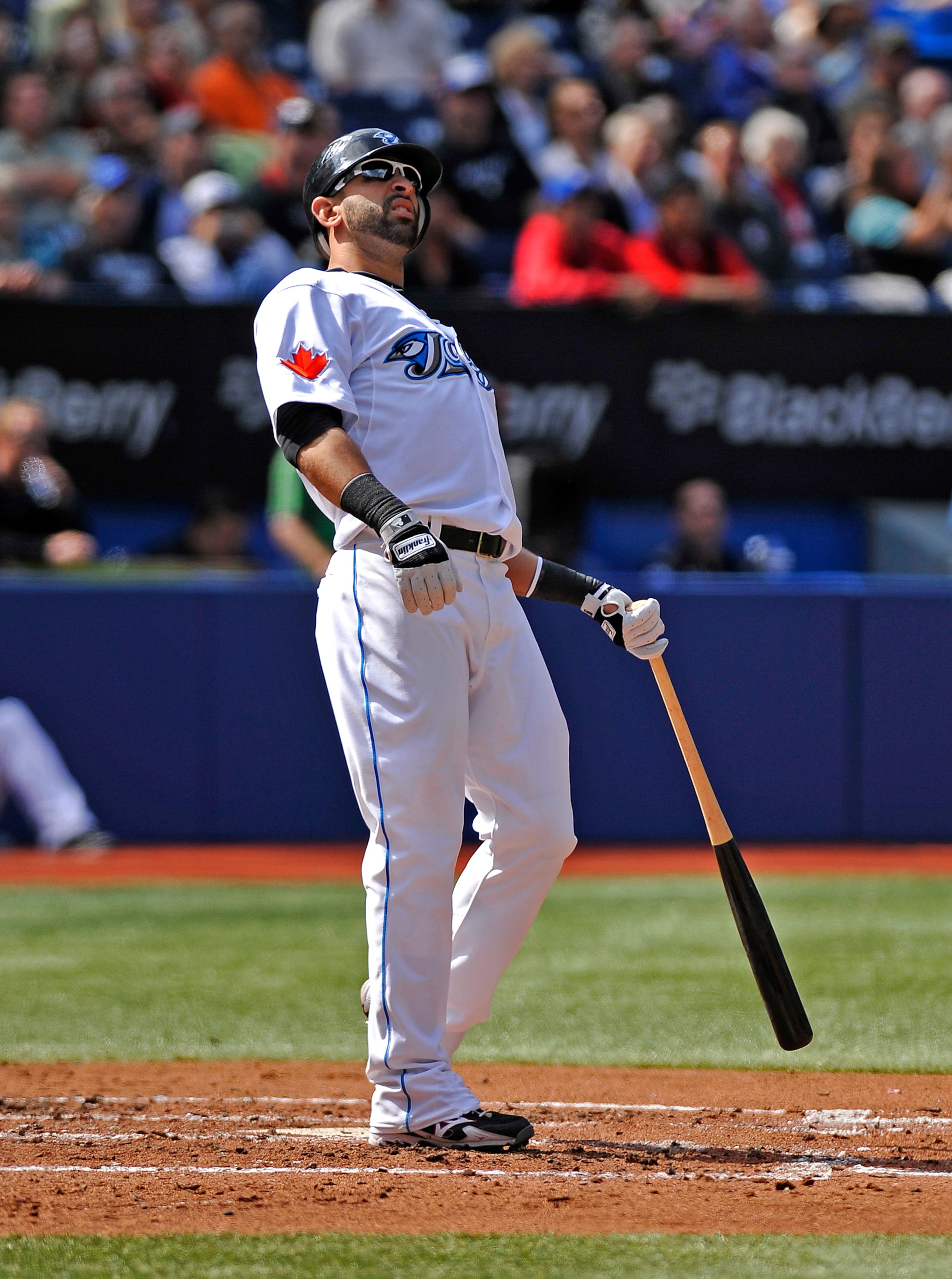TORONTO - SEPTEMBER 23: Jose Bautista #19 of the Toronto Blue Jays watches his foul ball during the game against the Seattle Mariners on September 23, 2010 at Rogers Centre in Toronto, Ontario, Canada. The Blue Jays defeated the Mariners 1-0. (Photo by TORONTO - SEPTEMBER 23: Jose Bautista #19 of the Toronto Blue Jays watches his foul ball during the game against the Seattle Mariners on September 23, 2010 at Rogers Centre in Toronto, Ontario, Canada. The Blue Jays defeated the Mariners 1-0. (Photo by