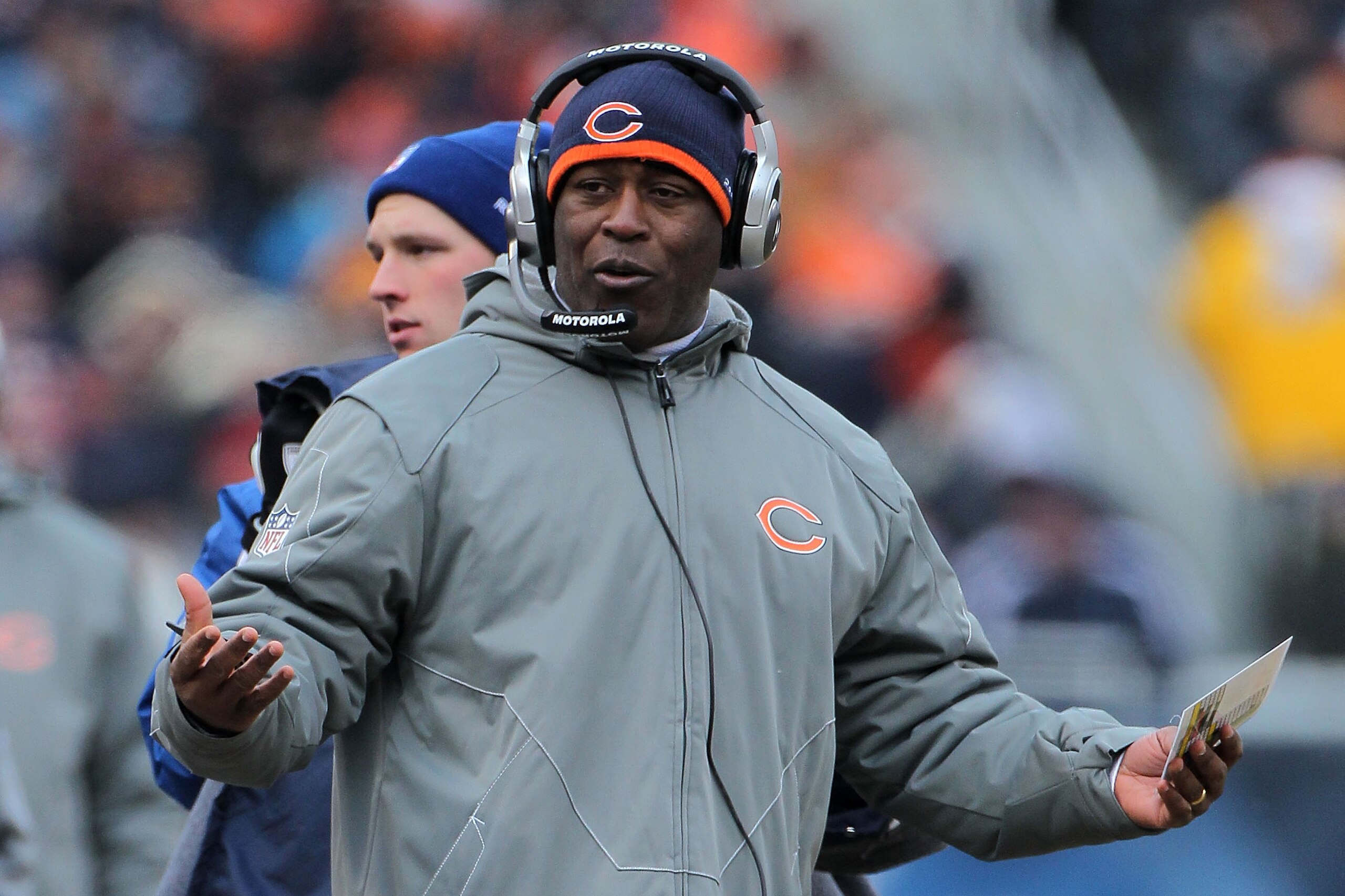 CHICAGO, IL - JANUARY 16:  Head coach Lovie Smith of the Chicago Bears reacts in the second half against the Seattle Seahawks in the 2011 NFC divisional playoff game at Soldier Field on January 16, 2011 in Chicago, Illinois.  (Photo by Doug Pensinger/Gett