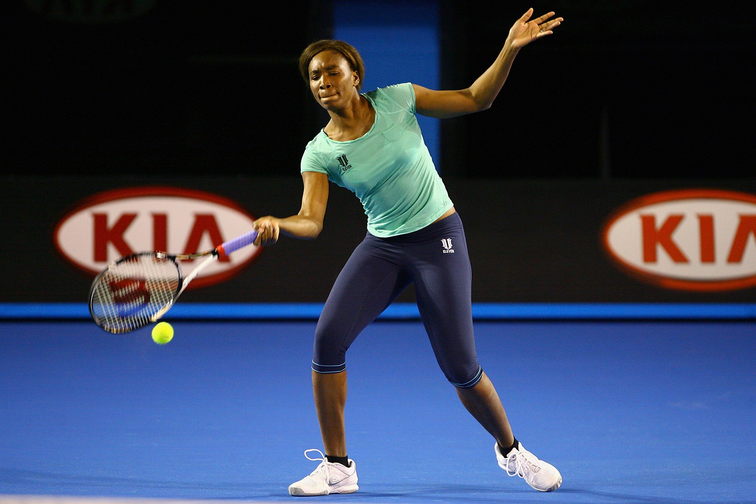 MELBOURNE, AUSTRALIA - JANUARY 10: Venus Williams of the USA plays a forehand during a practice session ahead of the 2011 Australian Open at Melbourne Park on January 10, 2011 in Melbourne, Australia. (Photo by Robert Prezioso/Getty Images) MELBOURNE, AUSTRALIA - JANUARY 10: Venus Williams of the USA plays a forehand during a practice session ahead of the 2011 Australian Open at Melbourne Park on January 10, 2011 in Melbourne, Australia. (Photo by Robert Prezioso/Getty Images)