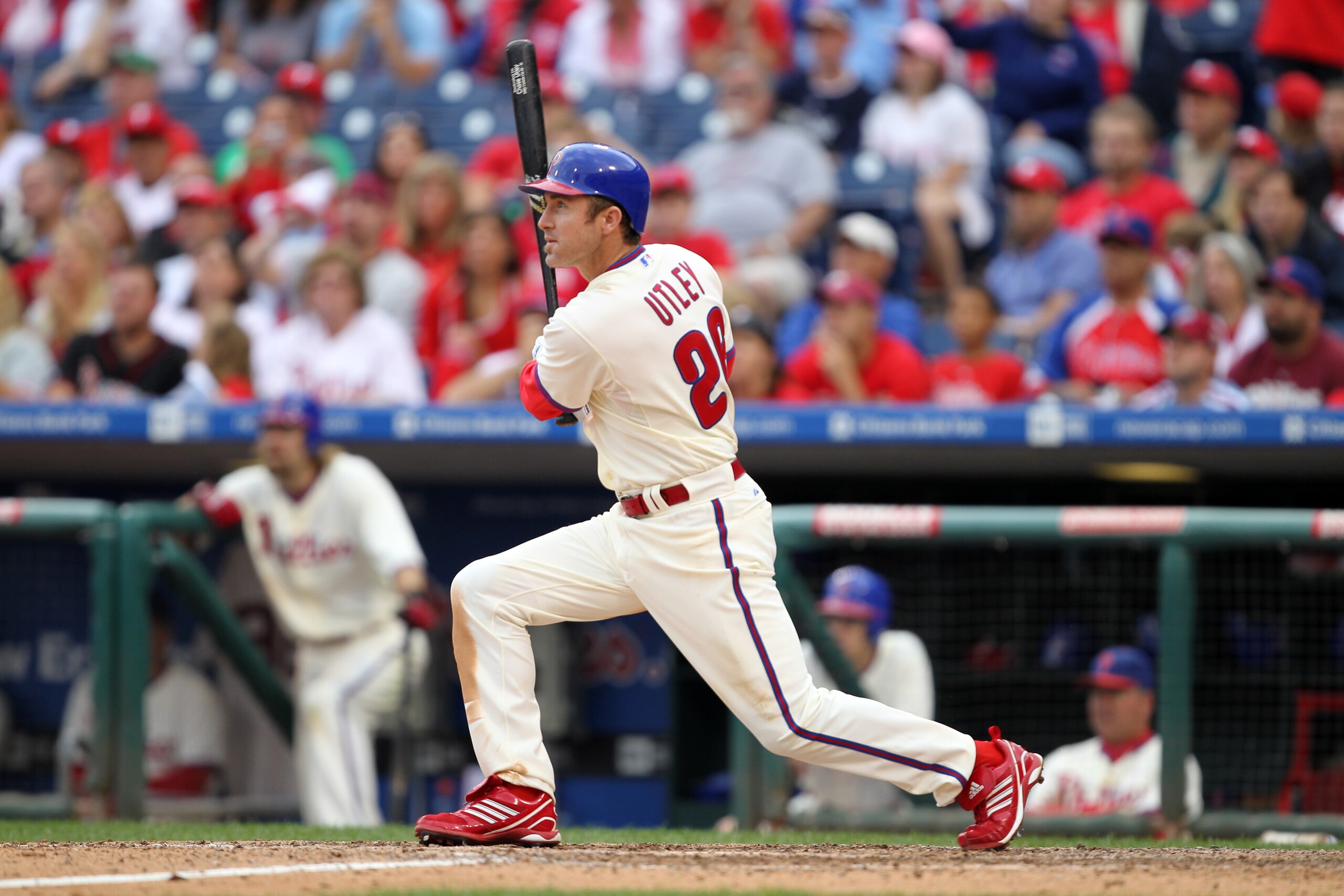 PHILADELPHIA - SEPTEMBER 26: Second baseman Chase Utley #26 of the Philadelphia Phillies bats during a game against the New York Mets at Citizens Bank Park on September 26, 2010 in Philadelphia, Pennsylvania. The Mets won 7-3. (Photo by Hunter Martin/Gett