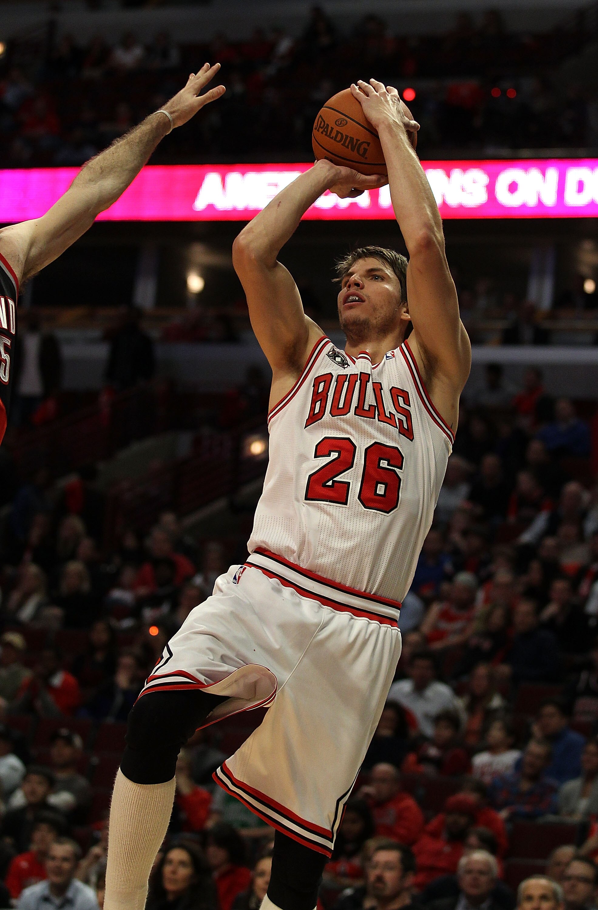 CHICAGO - NOVEMBER 01: Kyle Korver #26 of the Chicago Bulls puts up a shot against the Portland Trail Blazers at the United Center on November 1, 2010 in Chicago, Illinois. The Bulls defeated the Trail Blazers 110-98. NOTE TO USER: User expressly acknowle