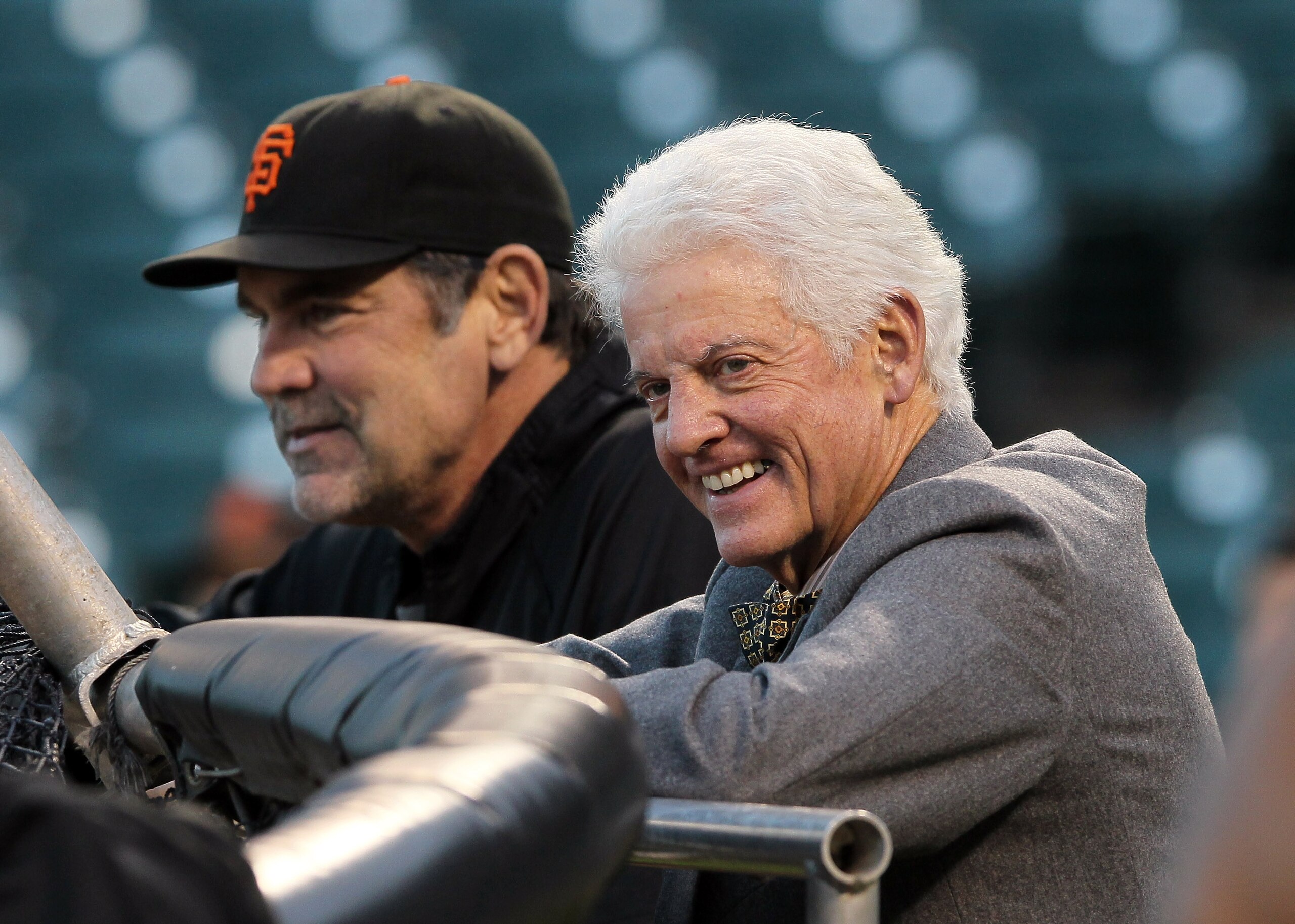 SAN FRANCISCO - OCTOBER 25: San Francisco Giants owner Bill Neukom (R) watches batting practice with manager Bruce Bochy during a team workout at AT&T Park on October 25, 2010 in San Francisco, California. The Giants are preparing to face the Texas Range SAN FRANCISCO - OCTOBER 25: San Francisco Giants owner Bill Neukom (R) watches batting practice with manager Bruce Bochy during a team workout at AT&T Park on October 25, 2010 in San Francisco, California. The Giants are preparing to face the Texas Range