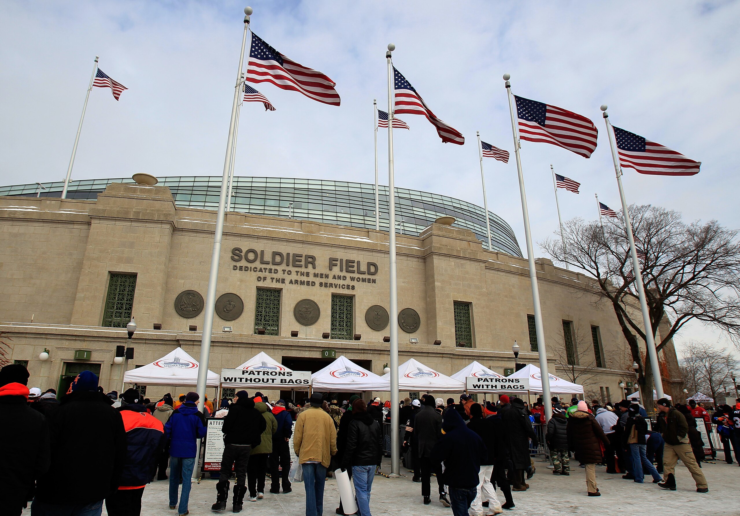 CHICAGO, IL - JANUARY 16:  A general view of the exterior of Soldier Field before the 2011 NFC divisional playoff game between the Chicago Bears and the Seattle Seahawks on January 16, 2011 in Chicago, Illinois.  (Photo by Jonathan Daniel/Getty Images)