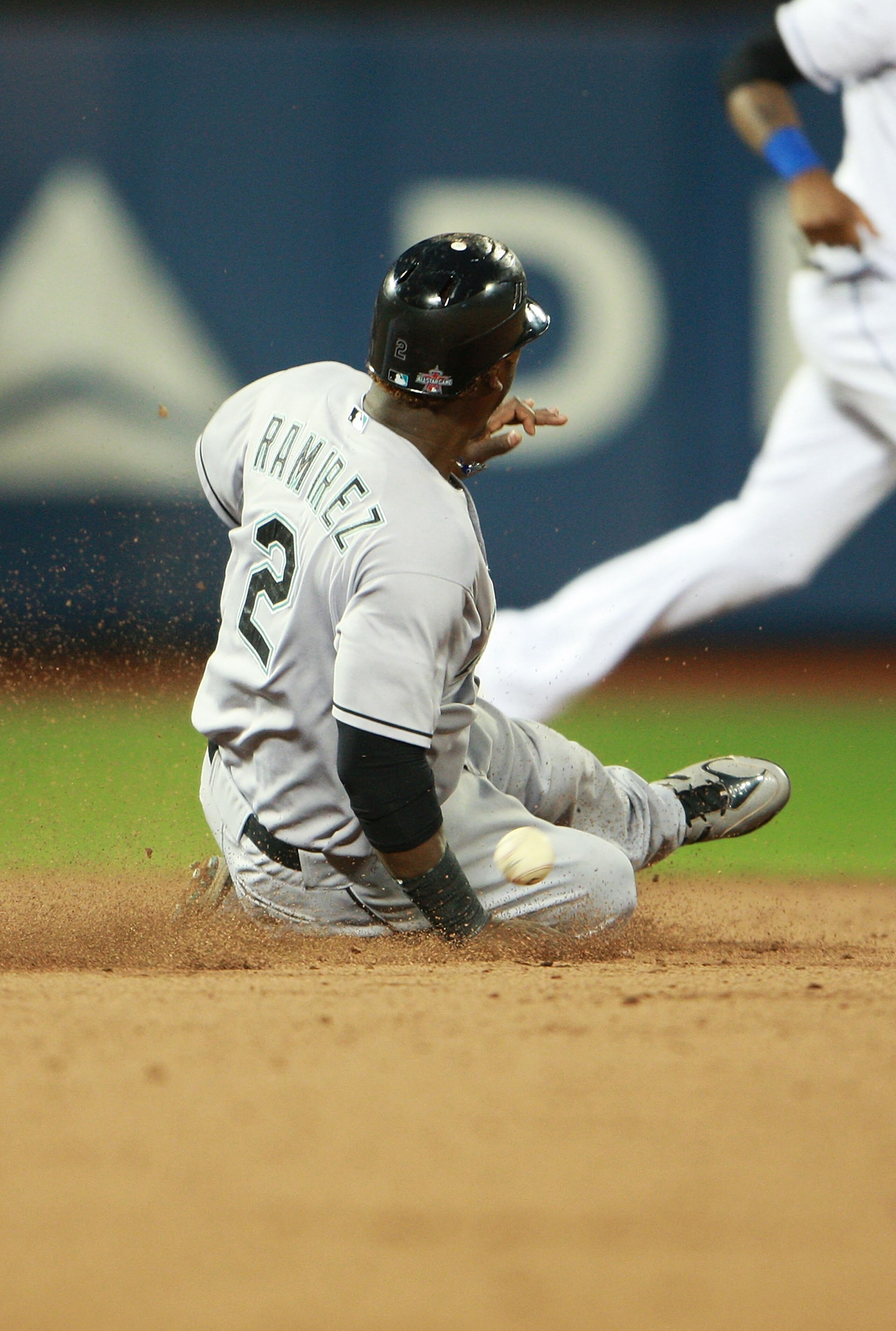 NEW YORK - AUGUST 25:  Hanley Ramirez #2 of the Florida Marlins  successfully steals second base, and went onto steal third base on the same play, in the third inning against the New York Mets on August 25, 2010 at Citi Field in the Flushing neighborhood