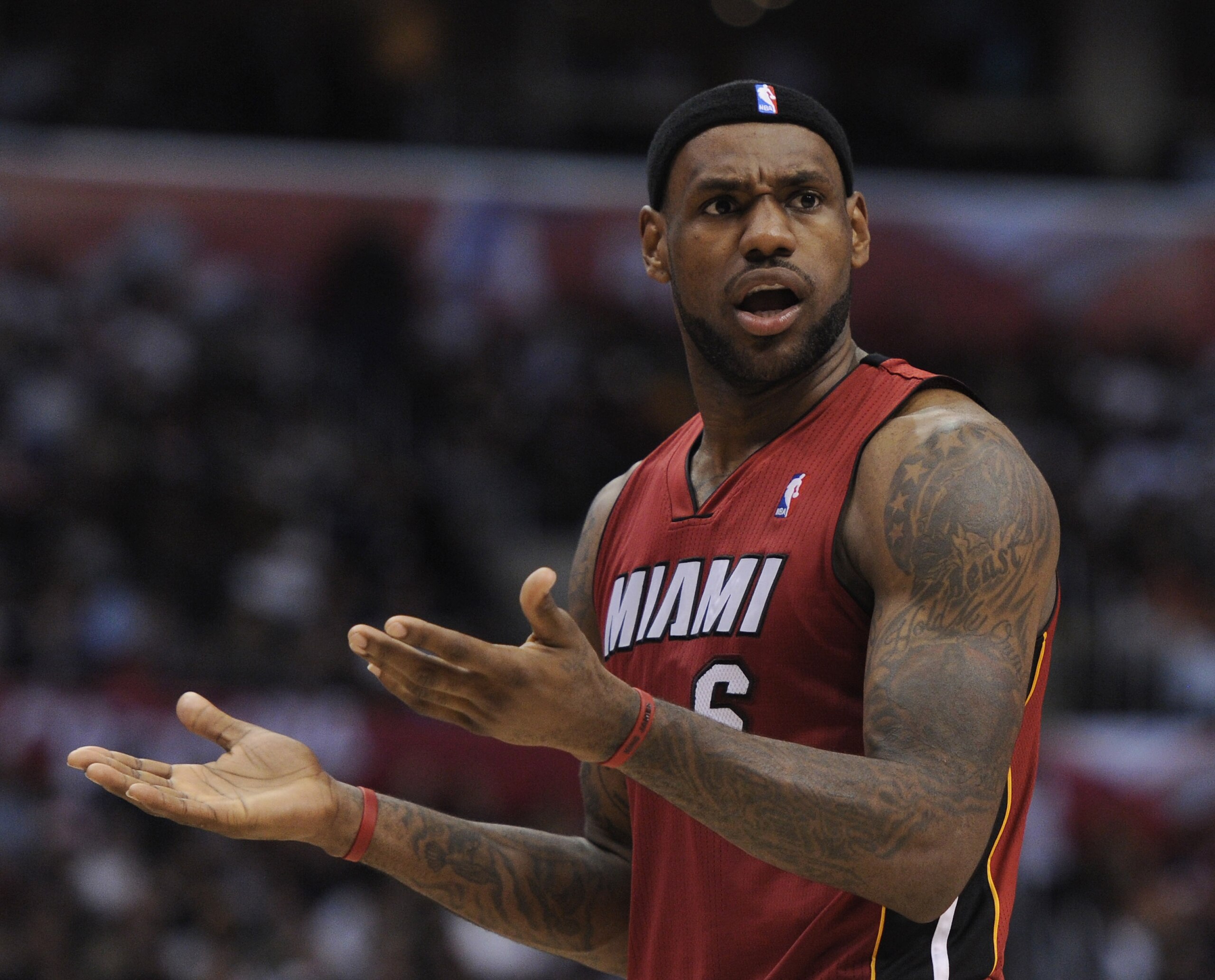 LOS ANGELES, CA - JANUARY 12:  LeBron James #6 of the Miami Heat reacts to a call during the game against the Los Angeles Clippers at the Staples Center on January 12, 2011 in Los Angeles, California.  NOTE TO USER: User expressly acknowledges and agrees