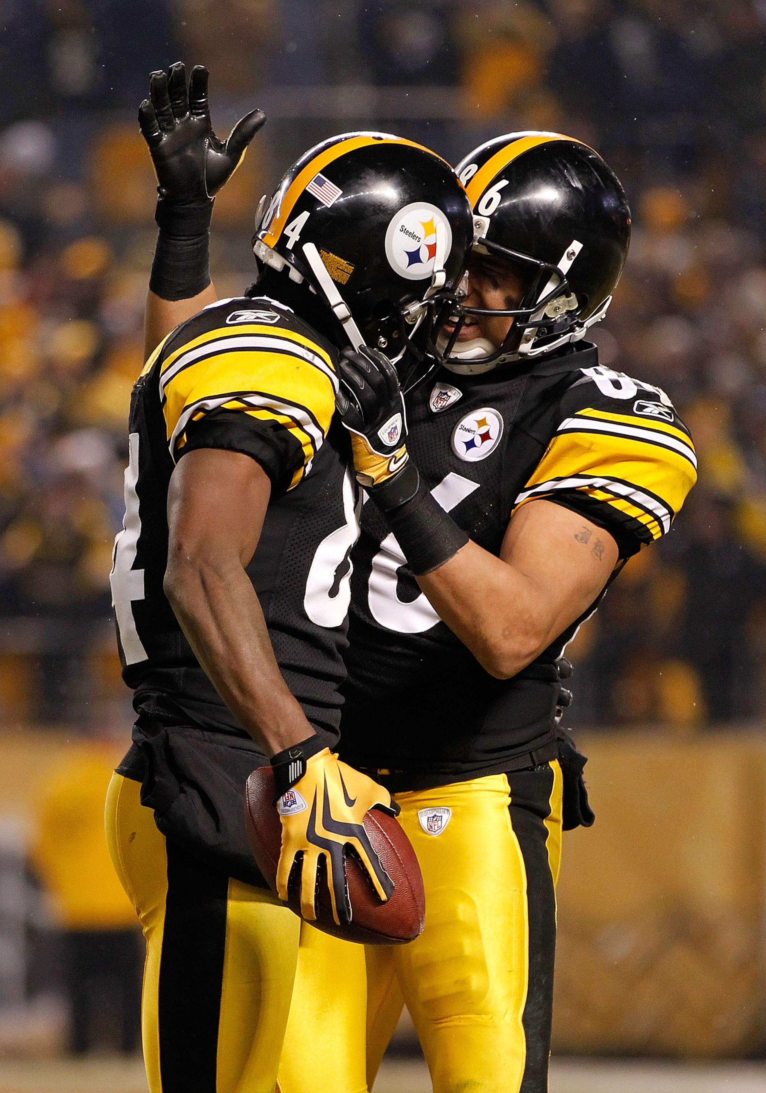 PITTSBURGH, PA - JANUARY 15: Wide receivers Antonio Brown #84 and Hines Ward #86 of the Pittsburgh Steelers react after a play against the Baltimore Ravens in the AFC Divisional Playoff Game at Heinz Field on January 15, 2011 in Pittsburgh, Pennsylvania. PITTSBURGH, PA - JANUARY 15: Wide receivers Antonio Brown #84 and Hines Ward #86 of the Pittsburgh Steelers react after a play against the Baltimore Ravens in the AFC Divisional Playoff Game at Heinz Field on January 15, 2011 in Pittsburgh, Pennsylvania.