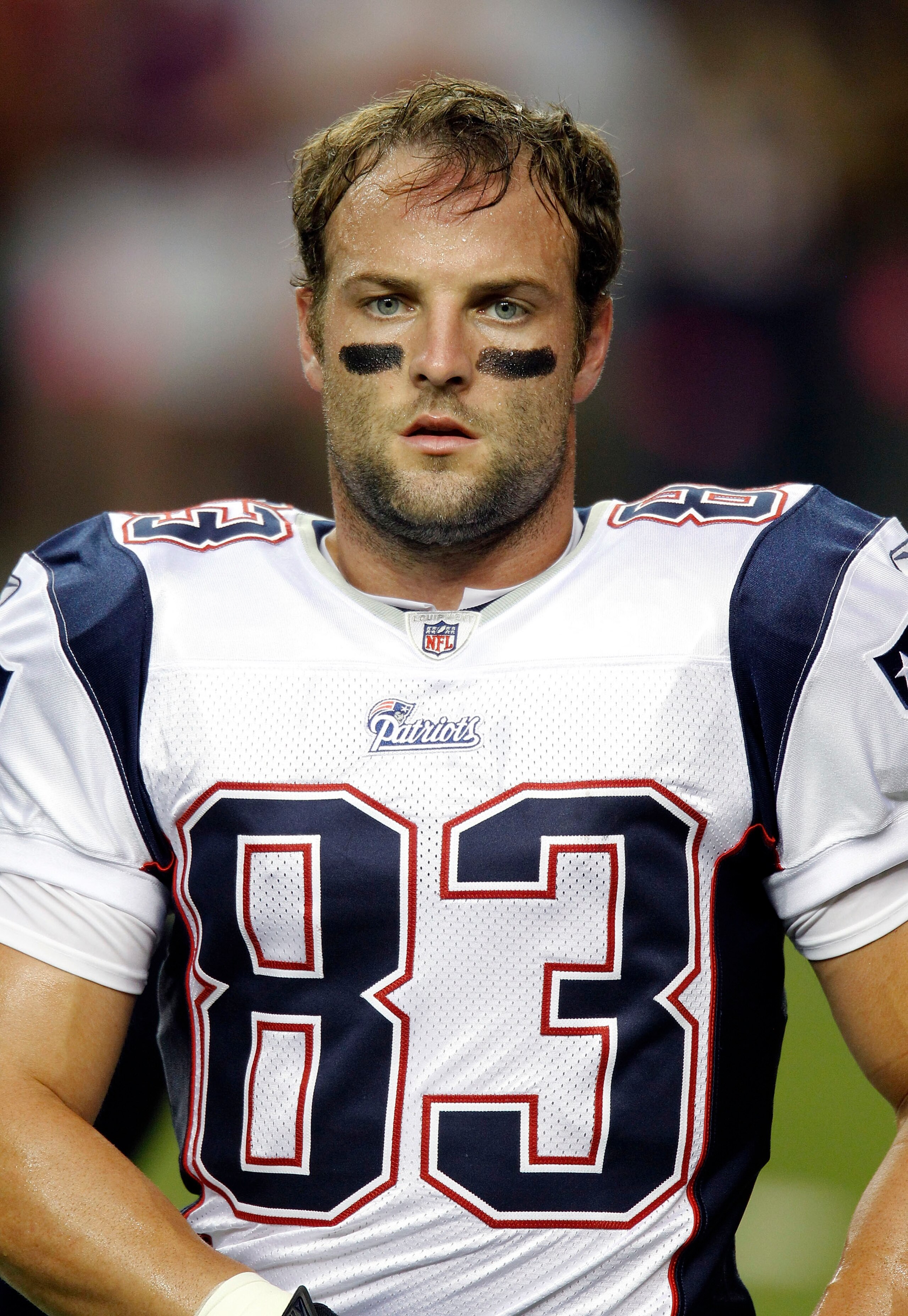 ATLANTA - AUGUST 19:  Wide receiver Wes Welker #83 of the New England Patriots looks on during the preseason game against the Atlanta Falcons at the Georgia Dome on August 19, 2010 in Atlanta, Georgia. Welker returned to action for the first time this sea