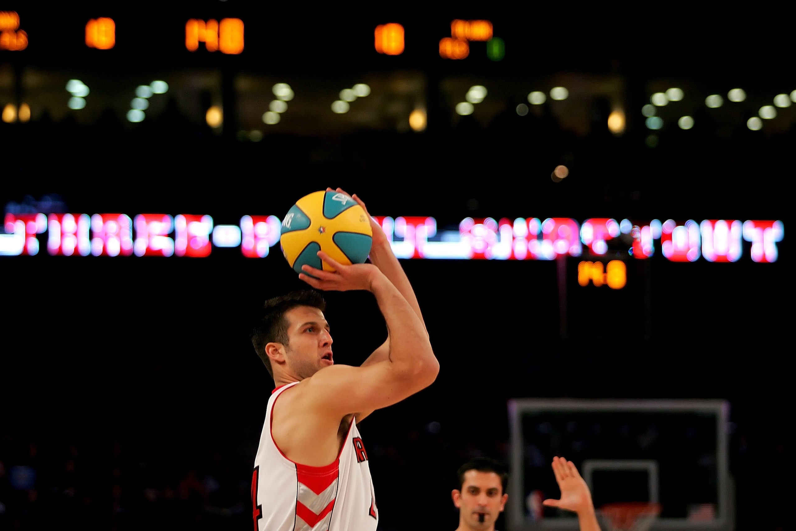 NEW ORLEANS - FEBRUARY 16:  Jason Kapono of the Toronto Raptors participates in the Foot Locker Three-Point Shootout, part of 2008 NBA All-Star Weekend at the New Orleans Arena on February 16, 2008 in New Orleans, Louisiana.  NOTE TO USER: User expressly